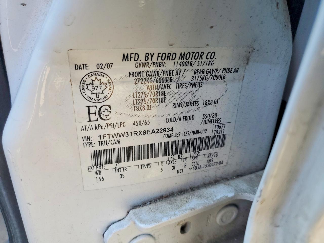 2008 Ford F350 Srw Super Duty White vin: 1FTWW31RX8EA22934