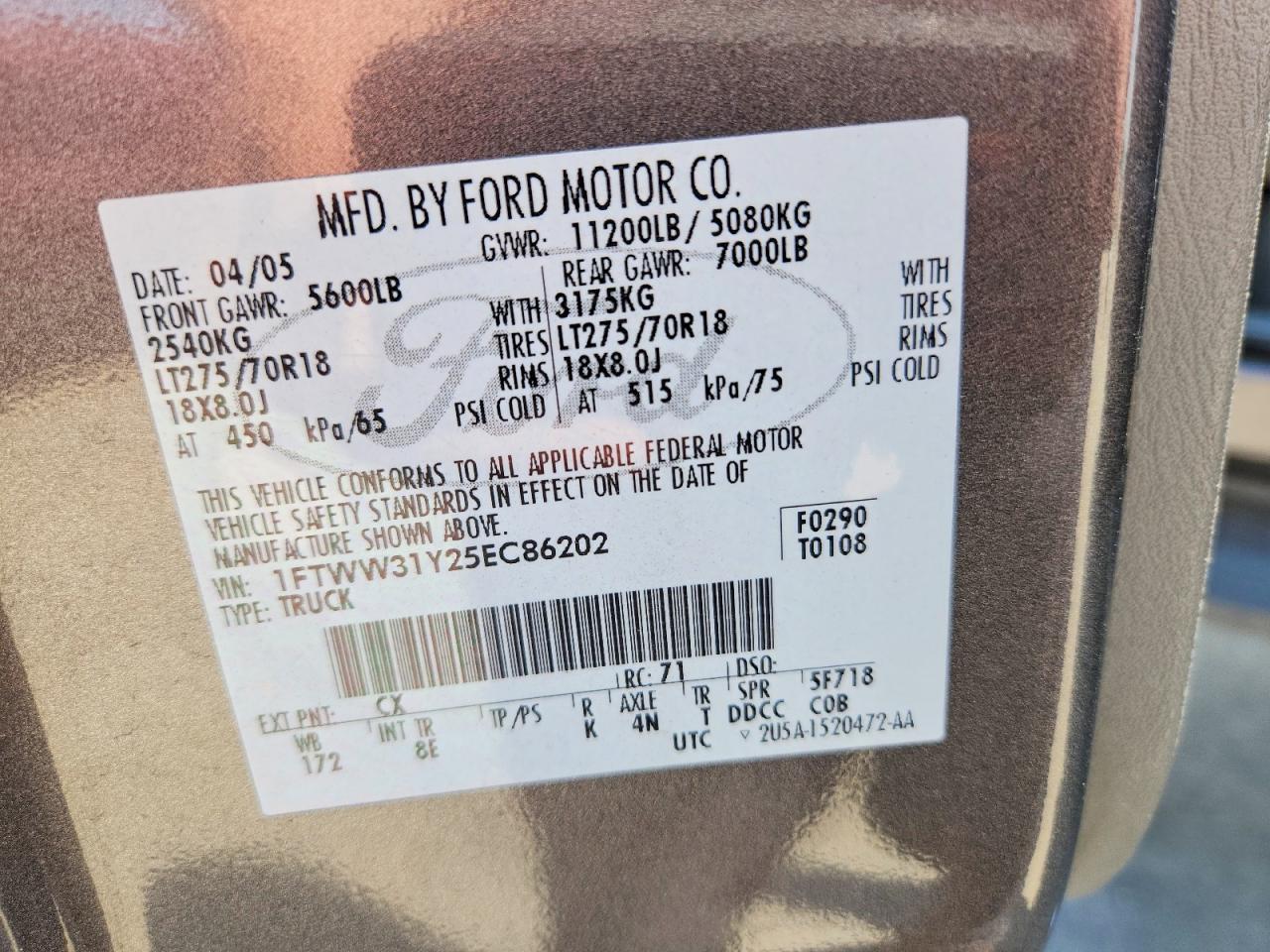 2005 Ford F350 Srw Super Duty Gray vin: 1FTWW31Y25EC86202