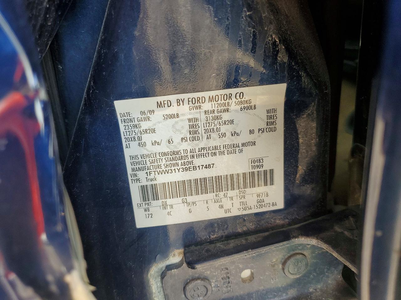 2009 Ford F350 Super Duty Blue vin: 1FTWW31Y39EB17487