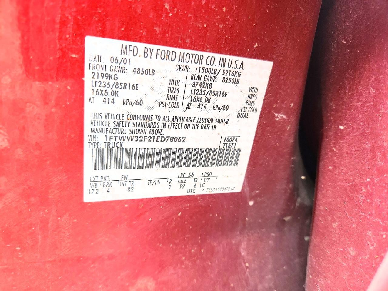 2001 Ford F350 Super Duty Red vin: 1FTWW32F21ED78062
