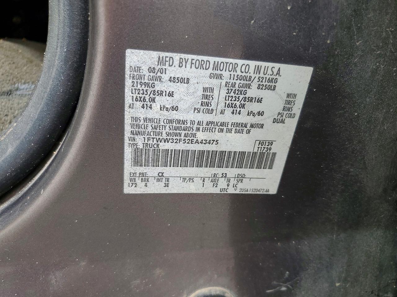 2002 Ford F350 Super Duty Gray vin: 1FTWW32F52EA43475