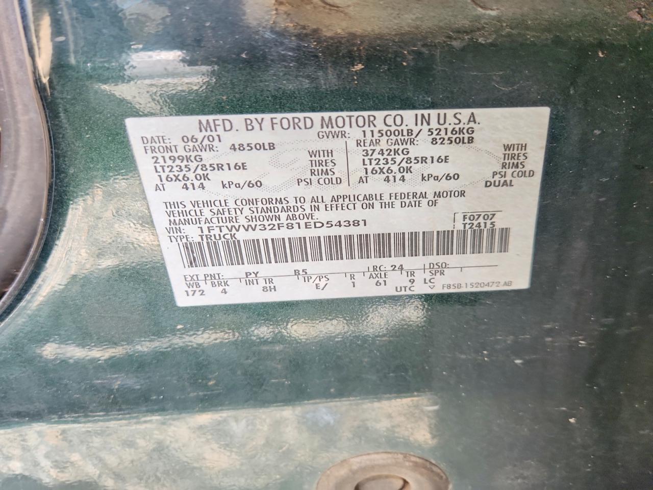 2001 Ford F350 Super Duty Green vin: 1FTWW32F81ED54381