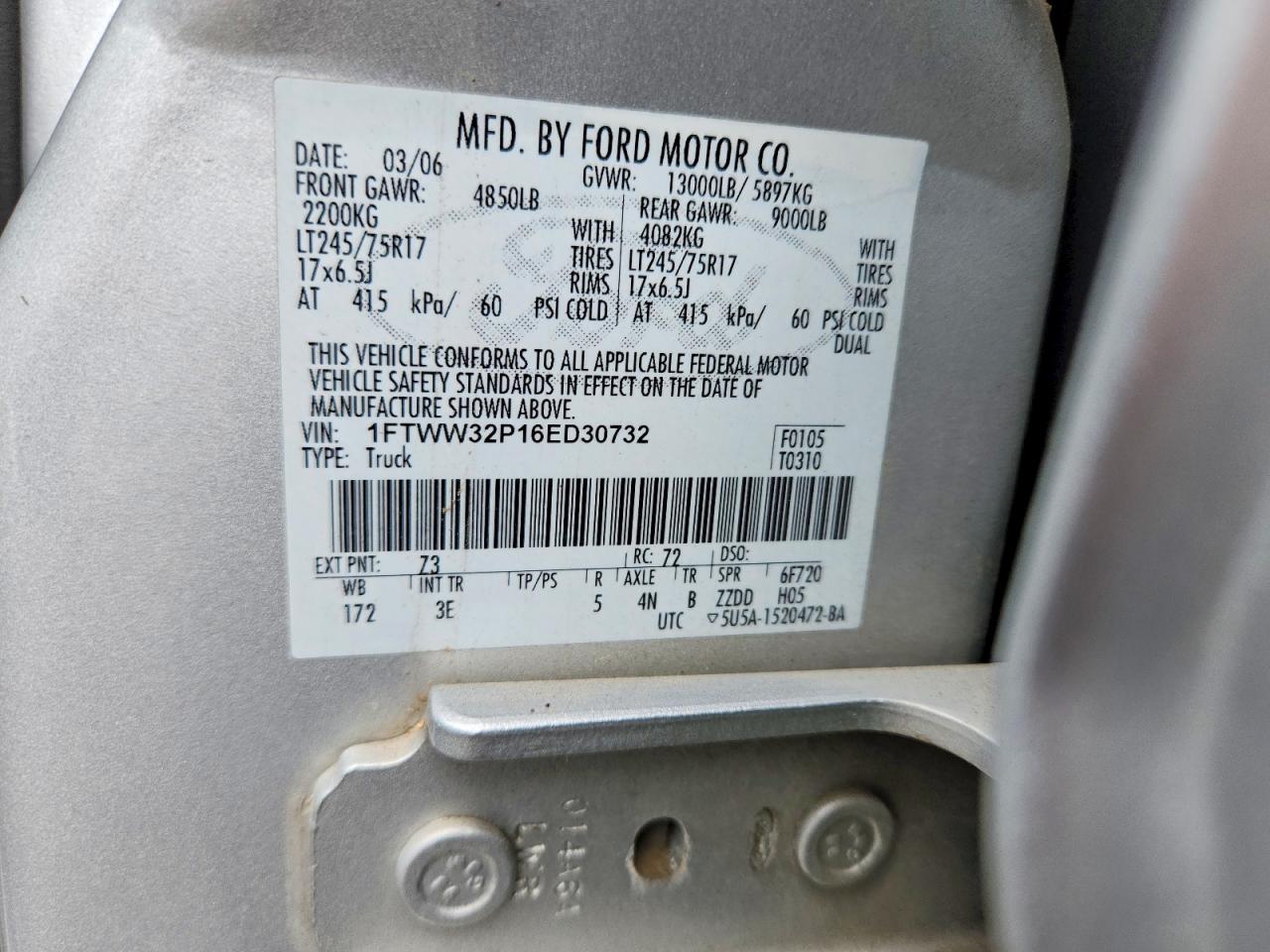2006 Ford F350 Super Duty Silver vin: 1FTWW32P16ED30732
