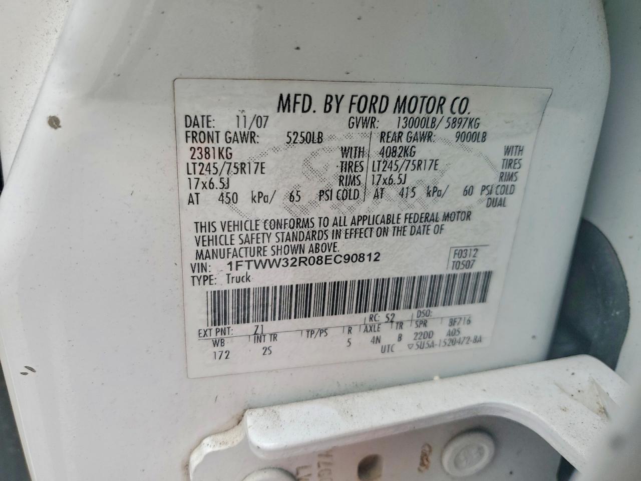 2008 Ford F350 Super Duty White vin: 1FTWW32R08EC90812