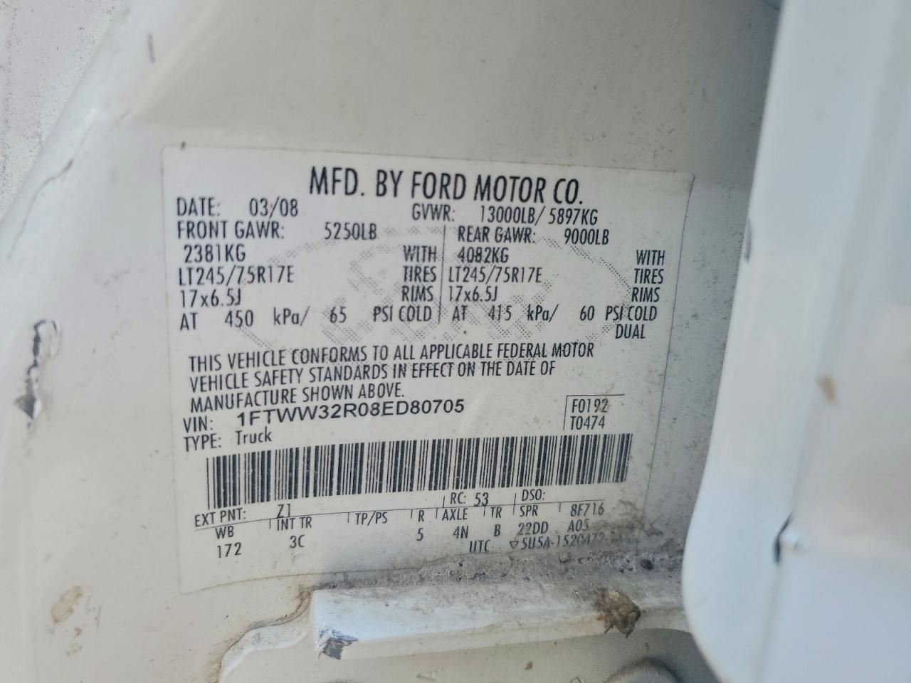 2008 Ford F350 Super Duty White vin: 1FTWW32R08ED80705