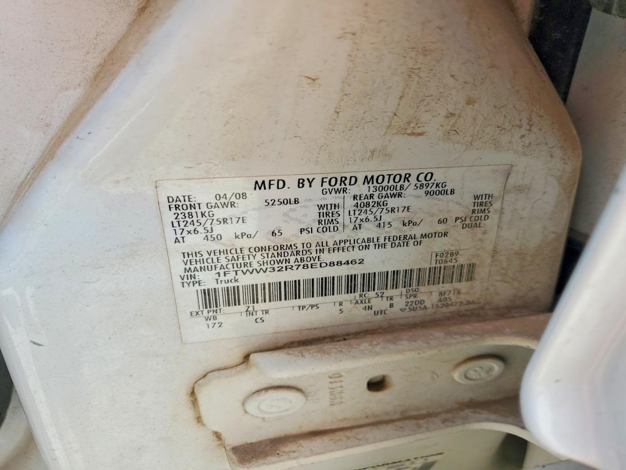 2008 Ford F350 Super Duty White vin: 1FTWW32R78ED88462