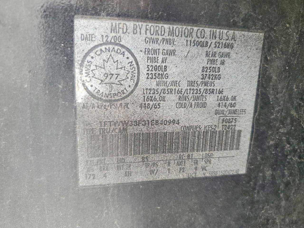 2001 Ford F350 Super Duty Black vin: 1FTWW33F31EB40994