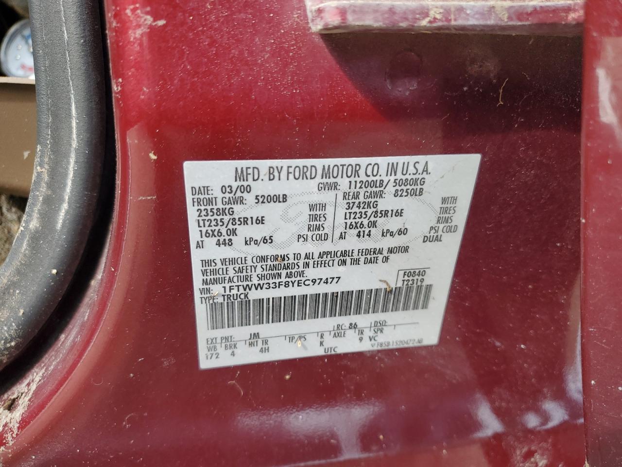 2000 Ford F350 Super Duty Бордовый vin: 1FTWW33F8YEC97477
