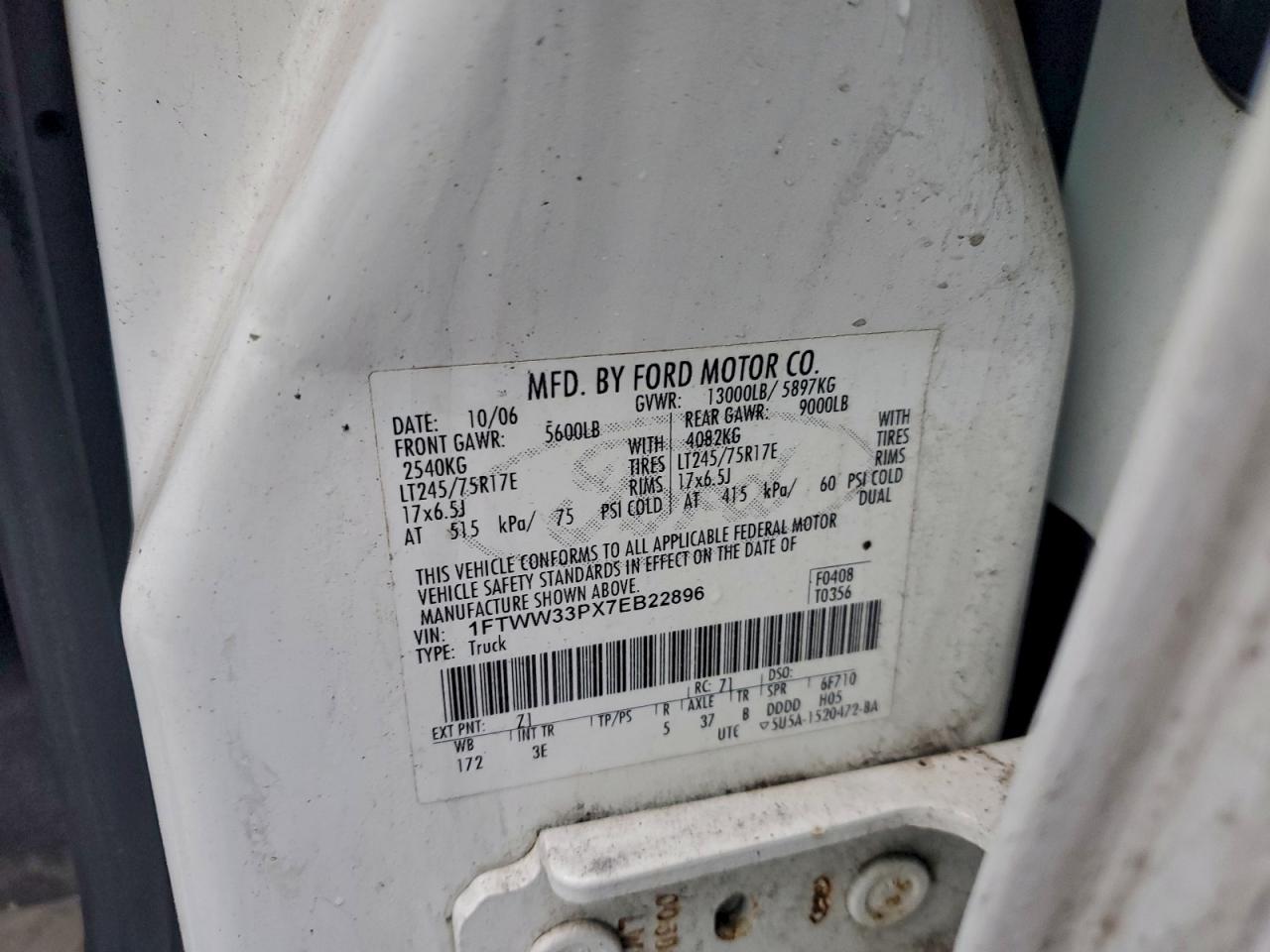 2007 Ford F350 Super Duty White vin: 1FTWW33PX7EB22896