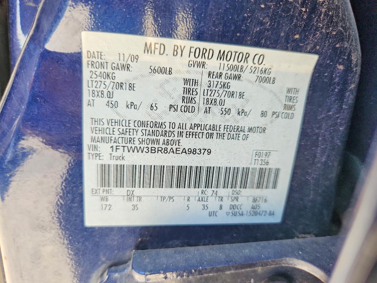 2010 Ford F350 Super Duty Blue vin: 1FTWW3BR8AEA98379