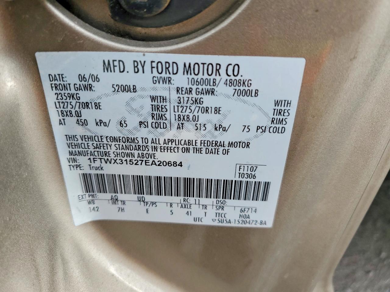 2007 Ford F350 Srw Super Duty Tan vin: 1FTWX31527EA20684