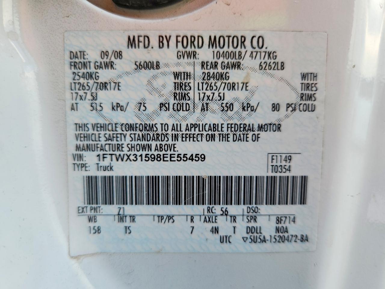 2008 Ford F350 Srw Super Duty White vin: 1FTWX31598EE55459