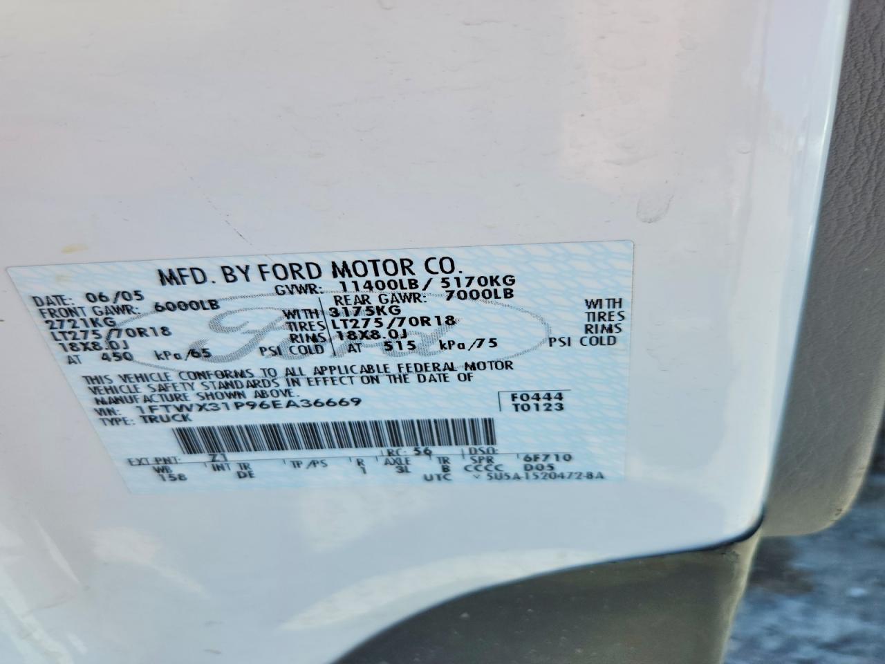 2006 Ford F350 Srw Super Duty White vin: 1FTWX31P96EA36669