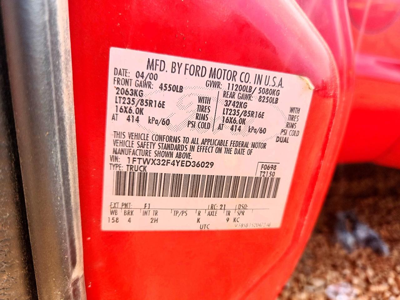 2000 Ford F350 Super Duty Red vin: 1FTWX32F4YED36029
