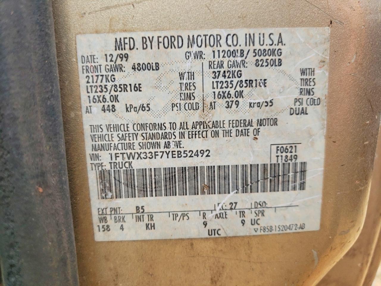 2000 Ford F350 Super Duty Gold vin: 1FTWX33F7YEB52492