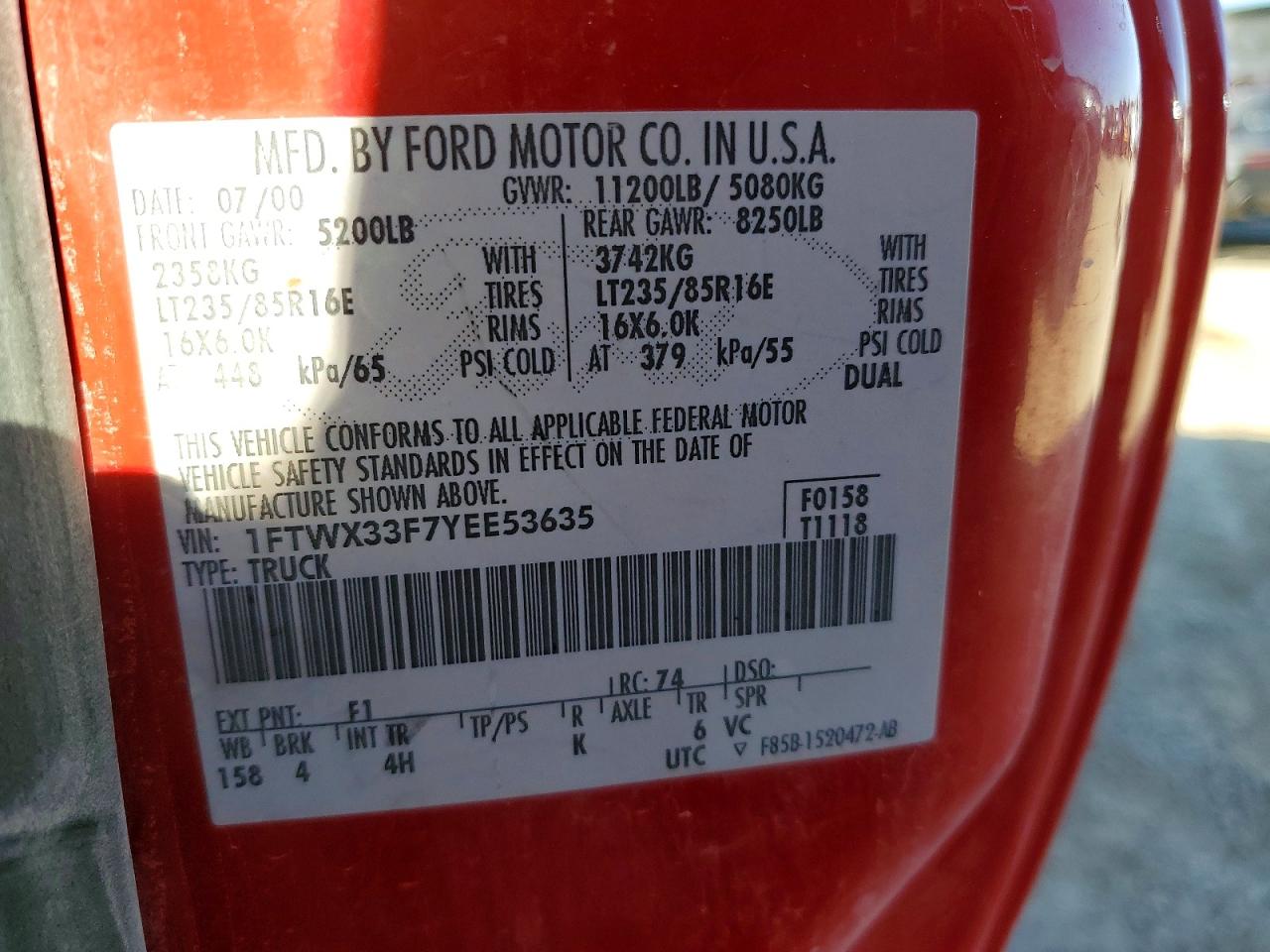 2000 Ford F350 Super Duty Red vin: 1FTWX33F7YEE53635