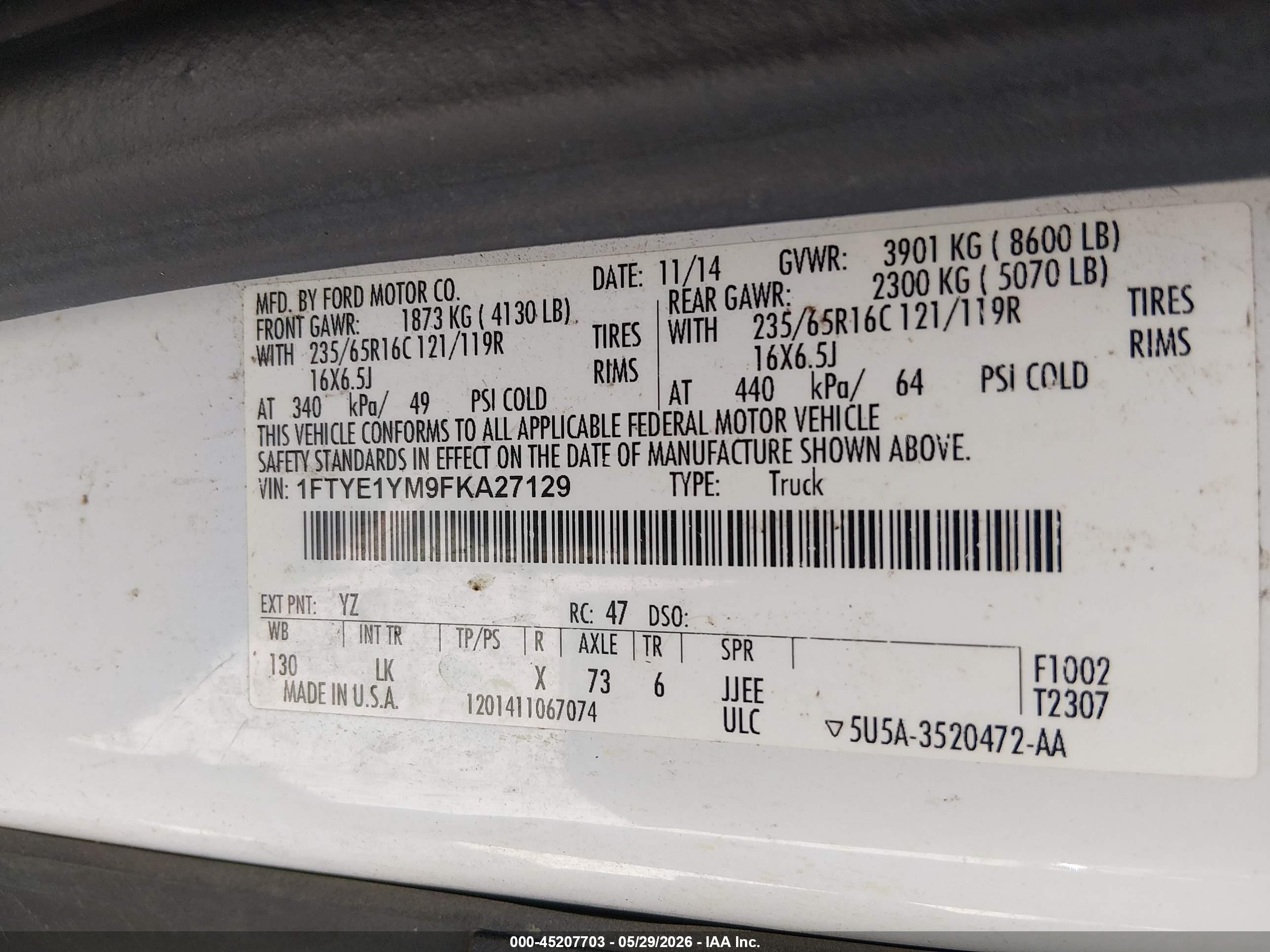 2015 Ford Transit-150   Yellow vin: 1FTYE1YM9FKA27129