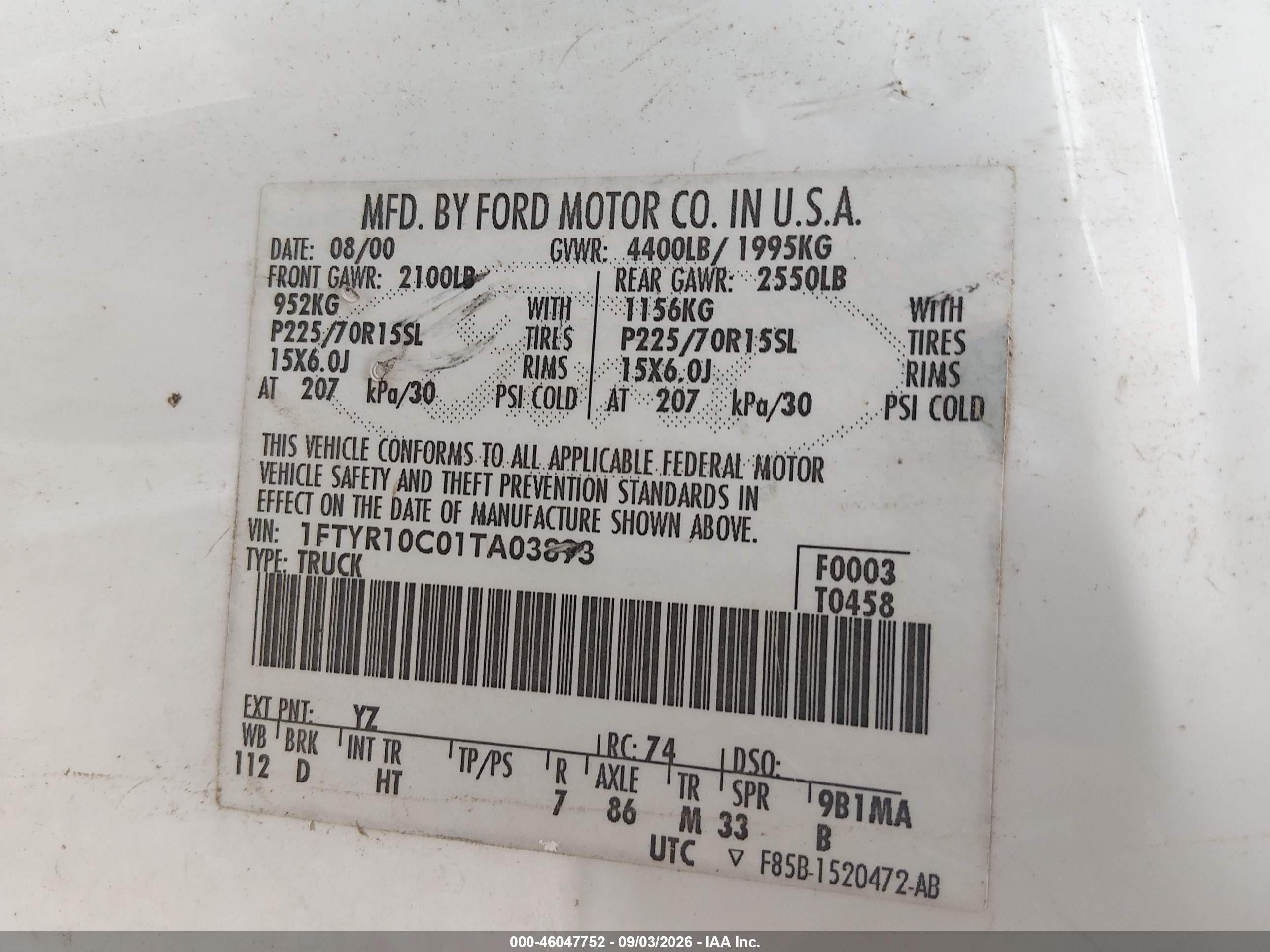2001 Ford Ranger Xl/xlt White vin: 1FTYR10C01TA03893