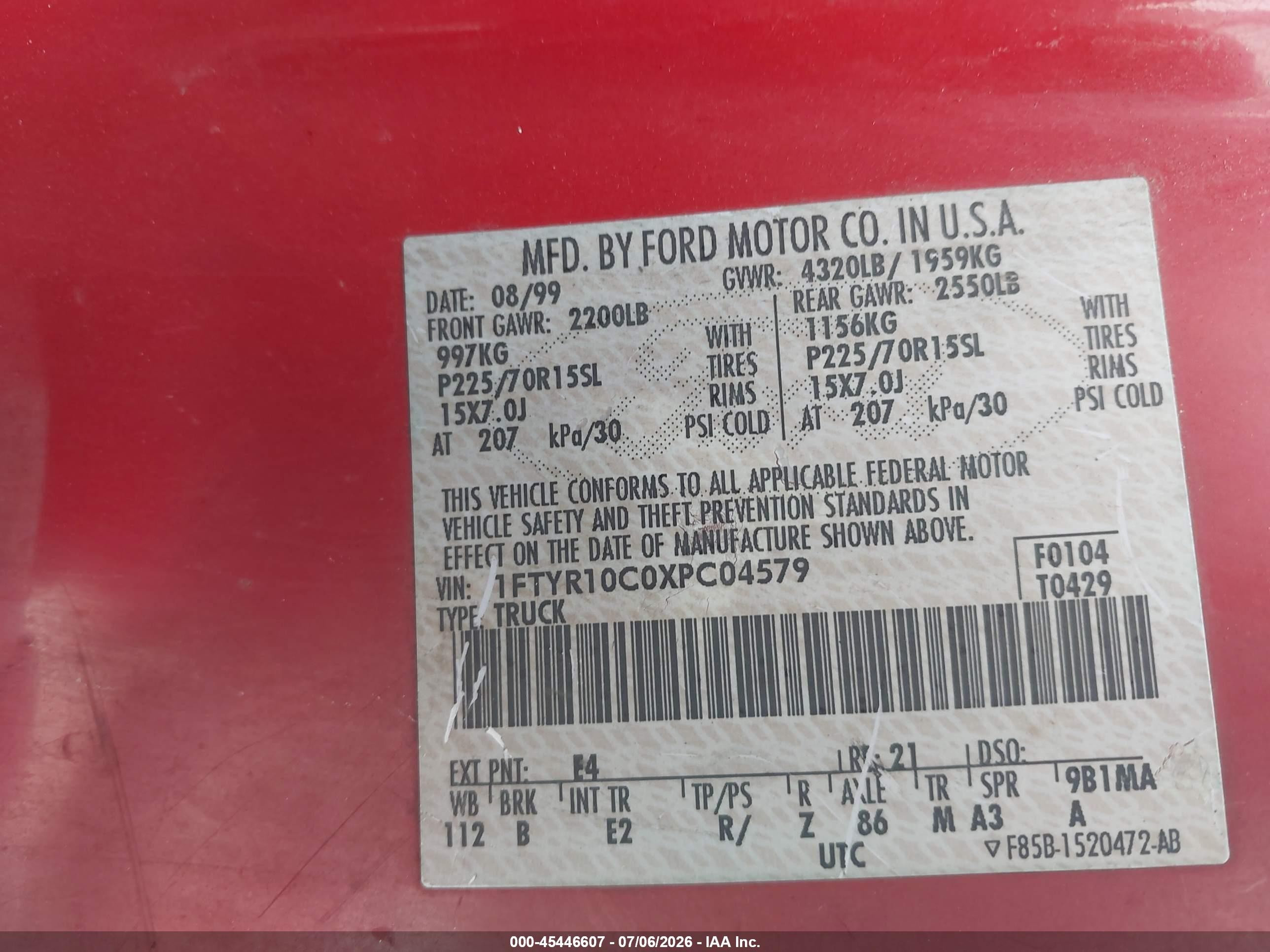 1999 Ford Ranger Xl/xlt Красный vin: 1FTYR10C0XPC04579