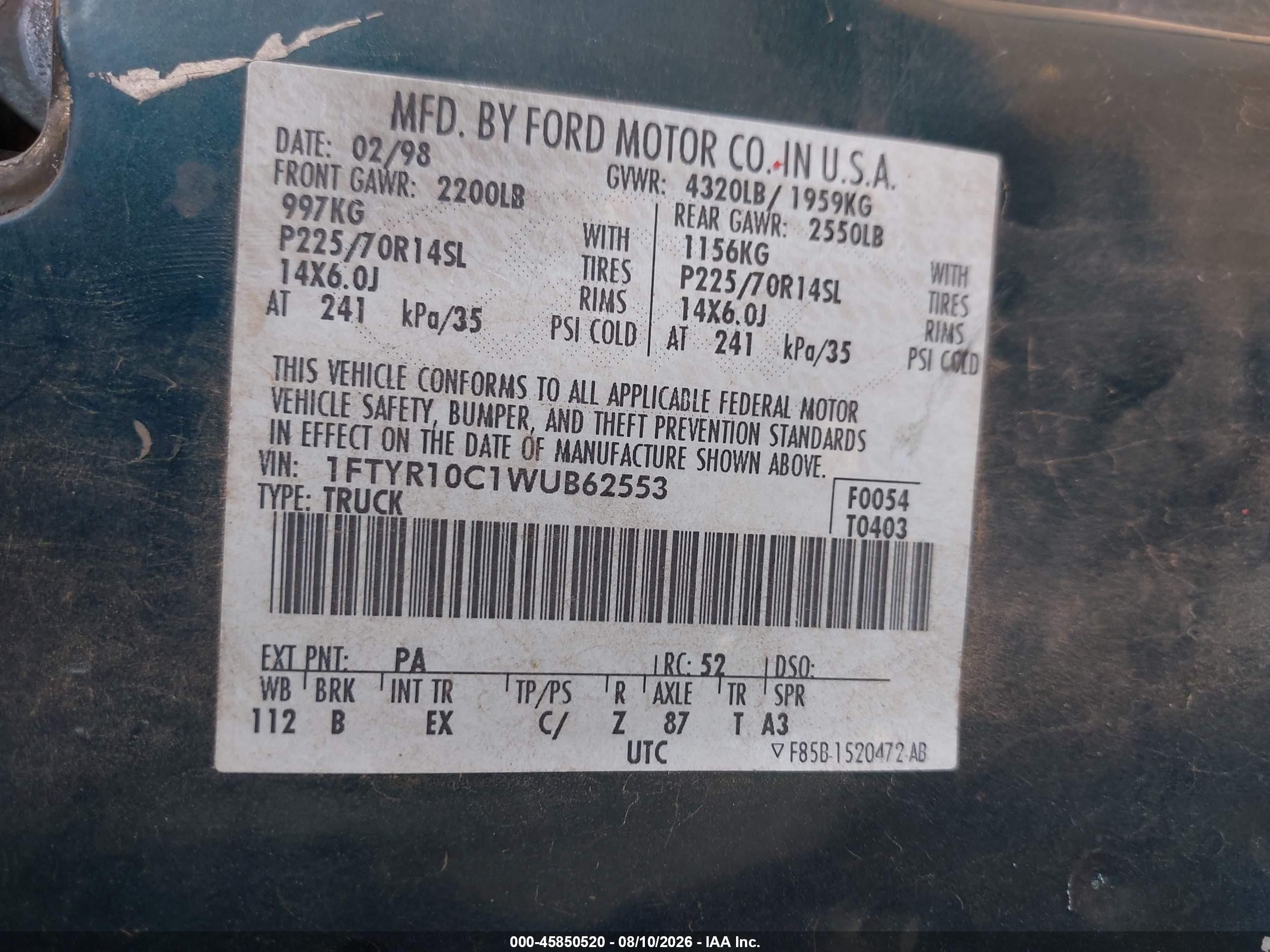 1998 Ford Ranger Splash/xl/xlt Green vin: 1FTYR10C1WUB62553