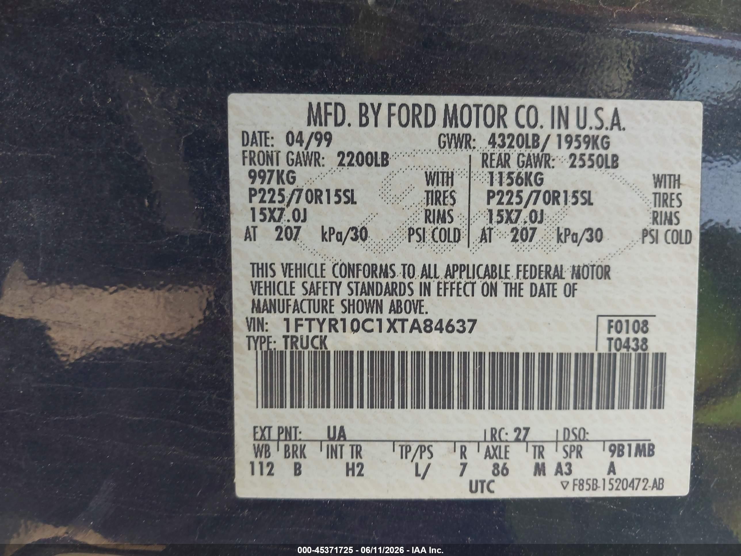 1999 Ford Ranger Xl/xlt Black vin: 1FTYR10C1XTA84637