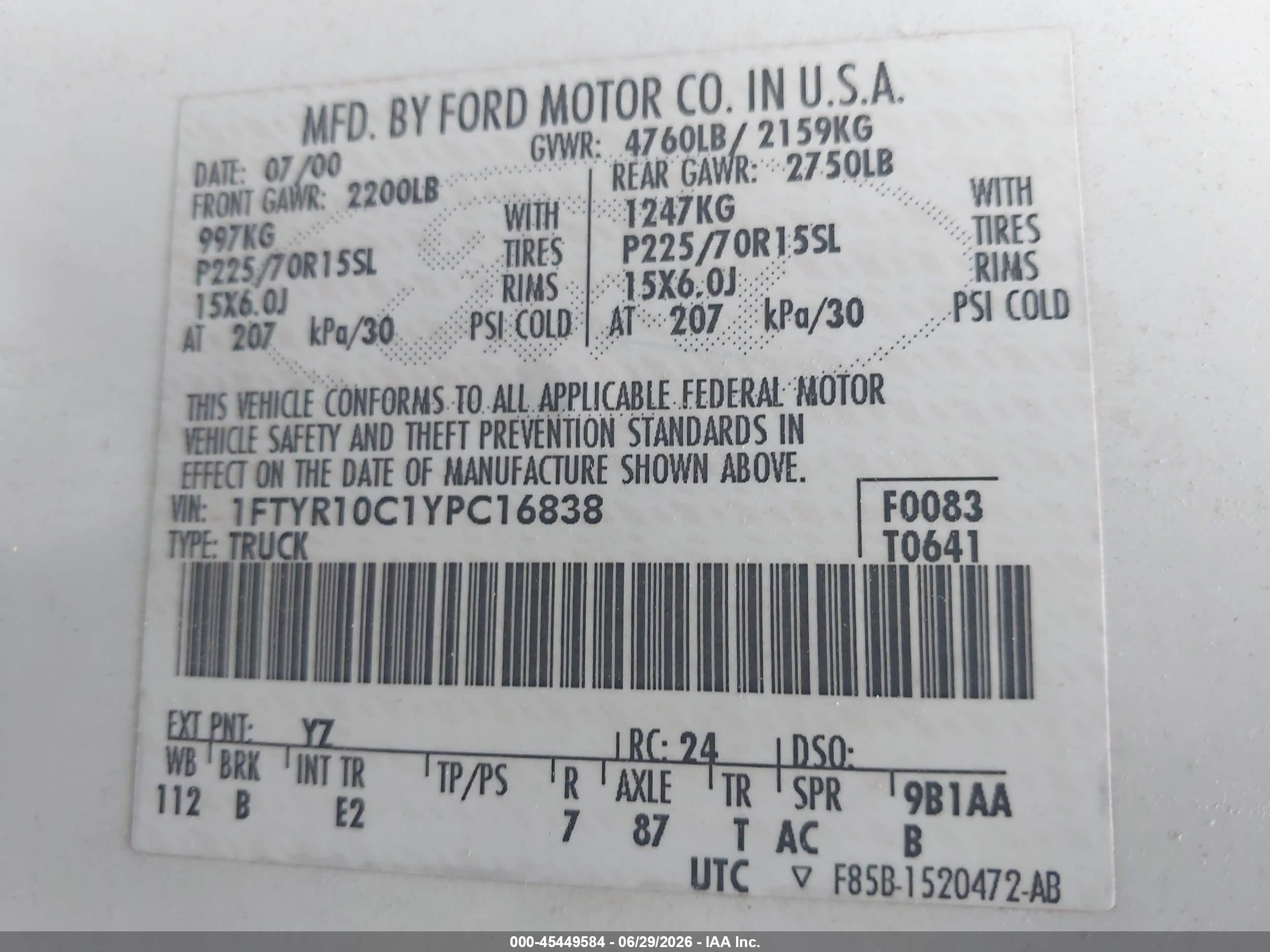 2000 Ford Ranger Xl/xlt White vin: 1FTYR10C1YPC16838