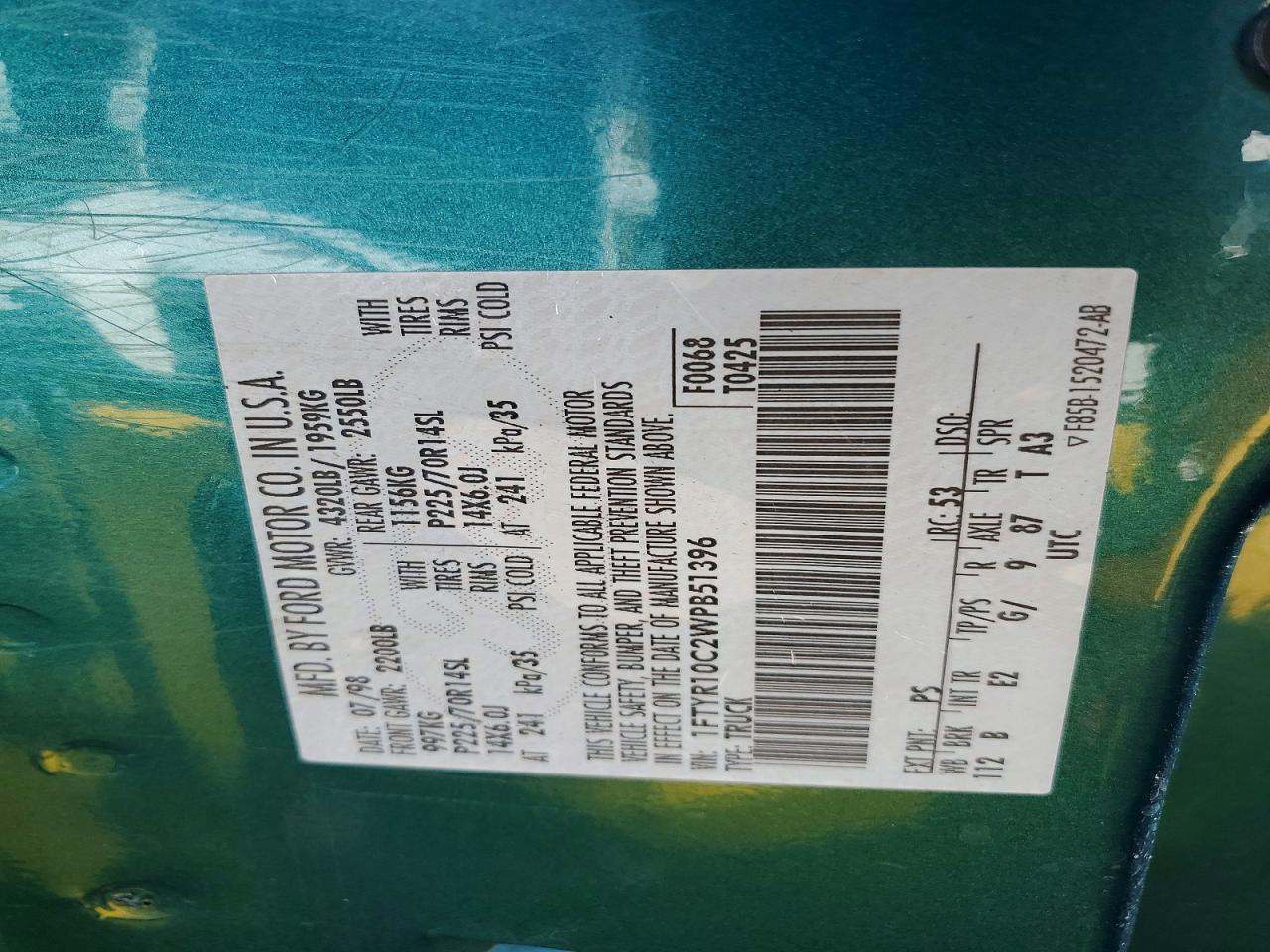1998 Ford Ranger Green vin: 1FTYR10C2WPB51396
