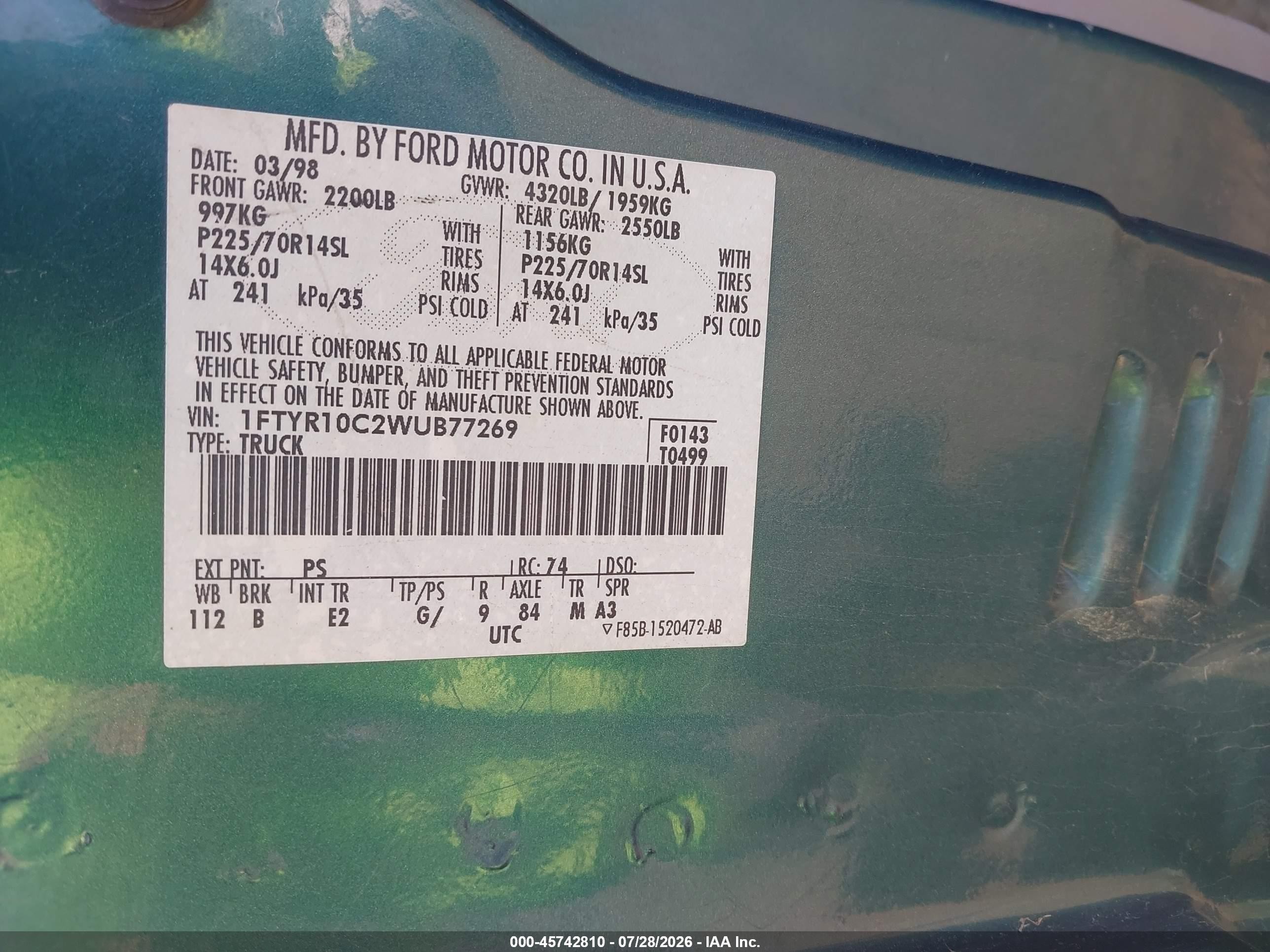 1998 Ford Ranger Splash/xl/xlt Green vin: 1FTYR10C2WUB77269
