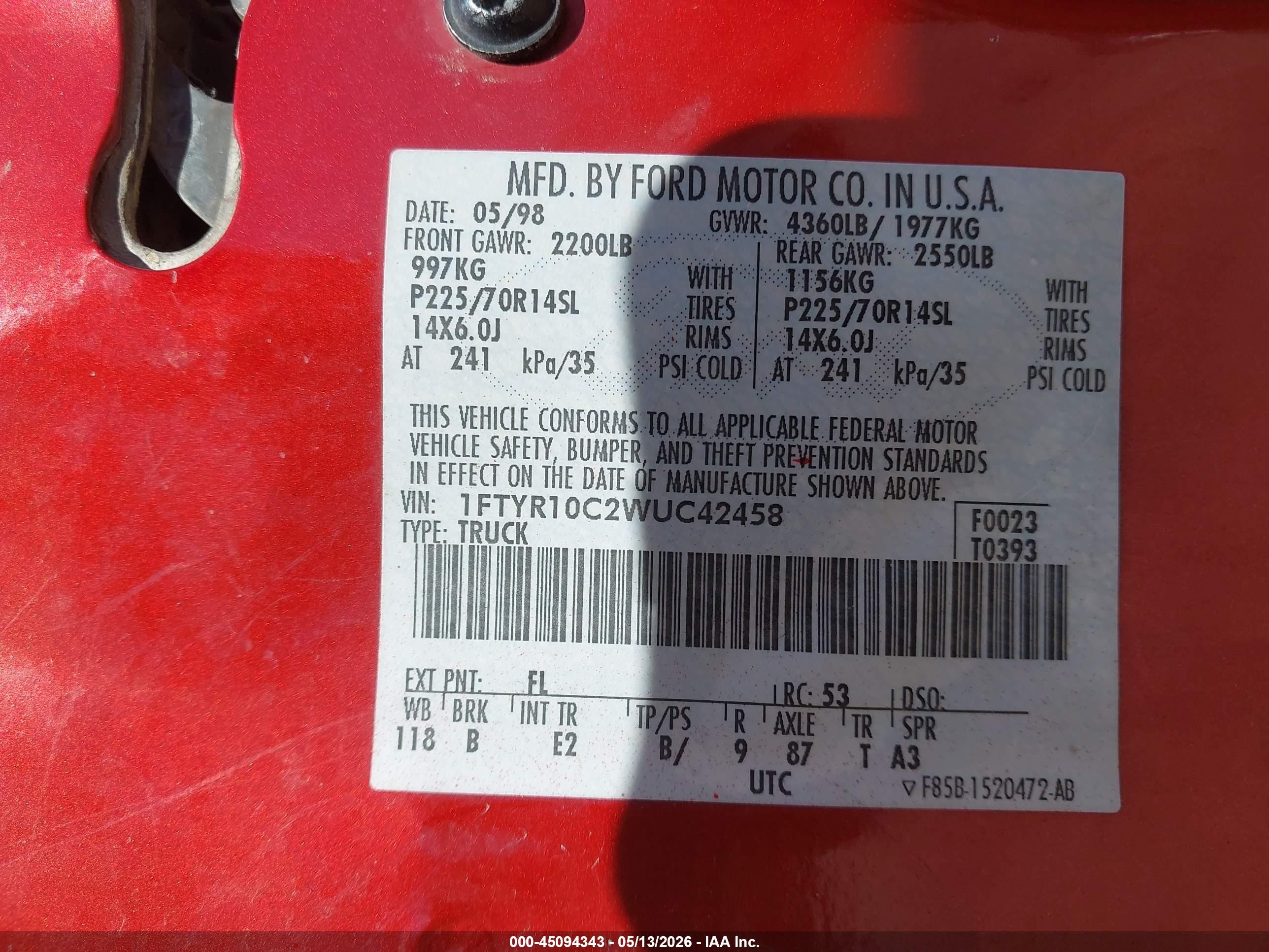 1998 Ford Ranger Splash/xl/xlt Red vin: 1FTYR10C2WUC42458