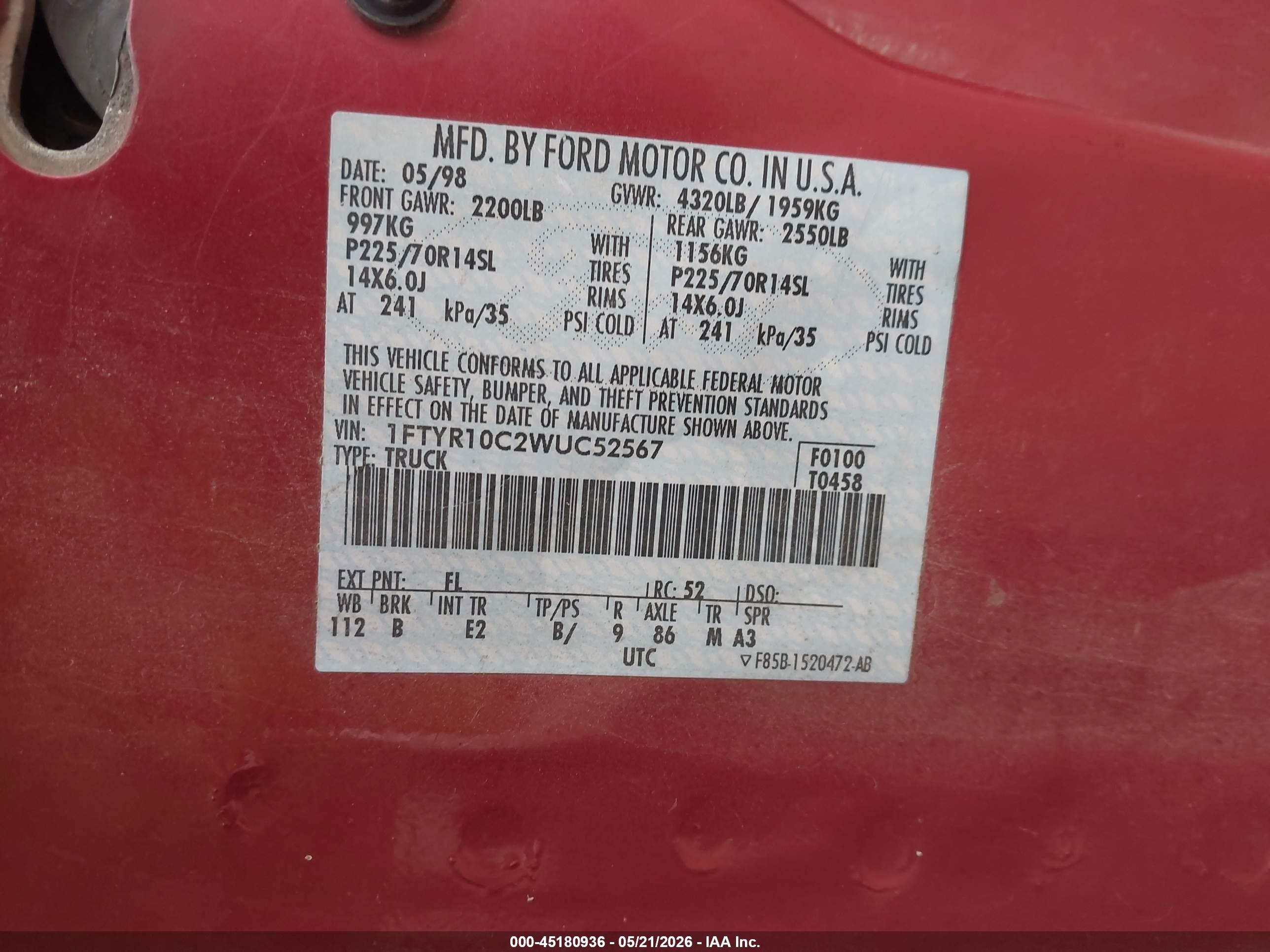 1998 Ford Ranger Splash/xl/xlt Red vin: 1FTYR10C2WUC52567