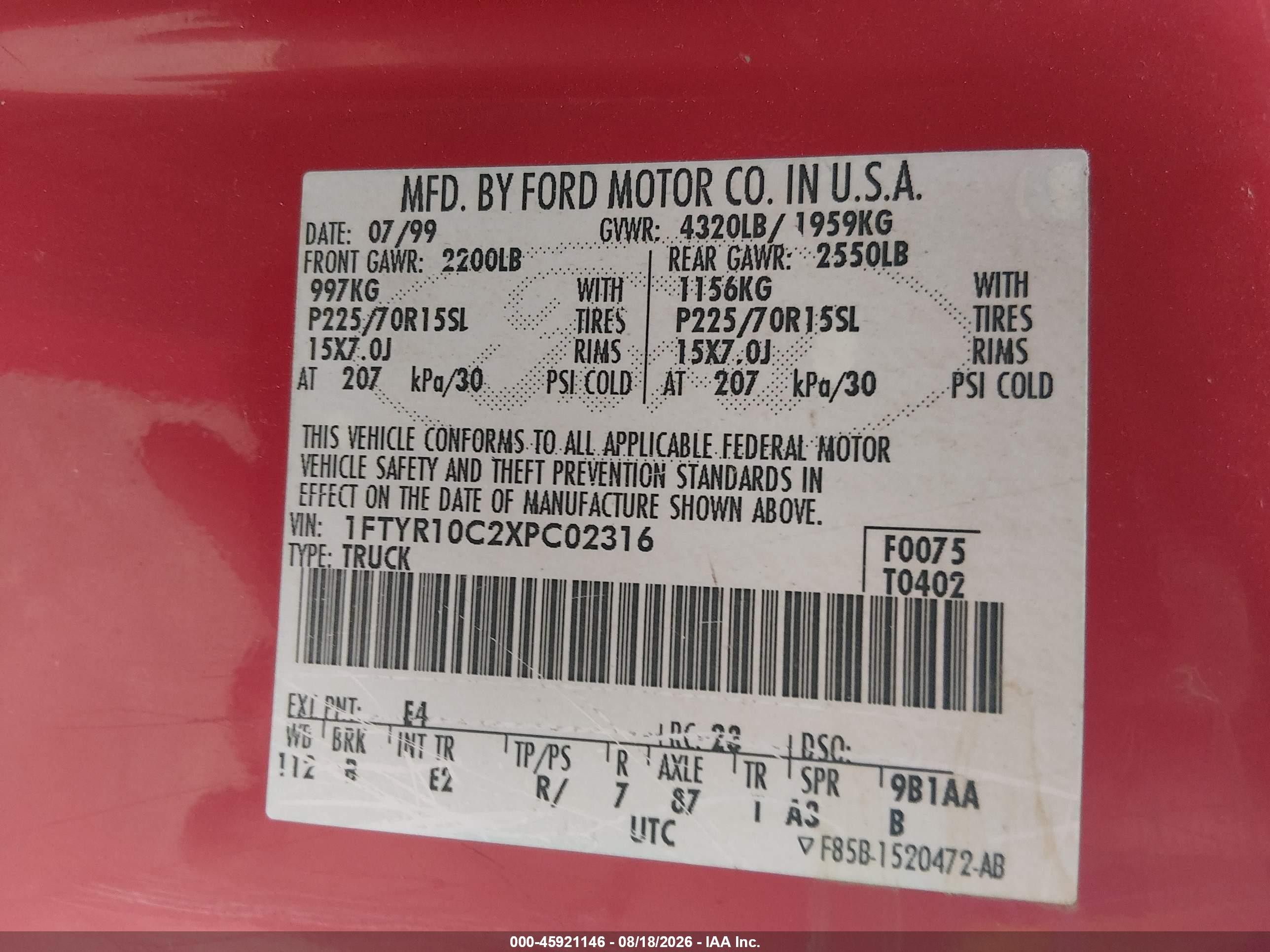 1999 Ford Ranger Xl/xlt Red vin: 1FTYR10C2XPC02316