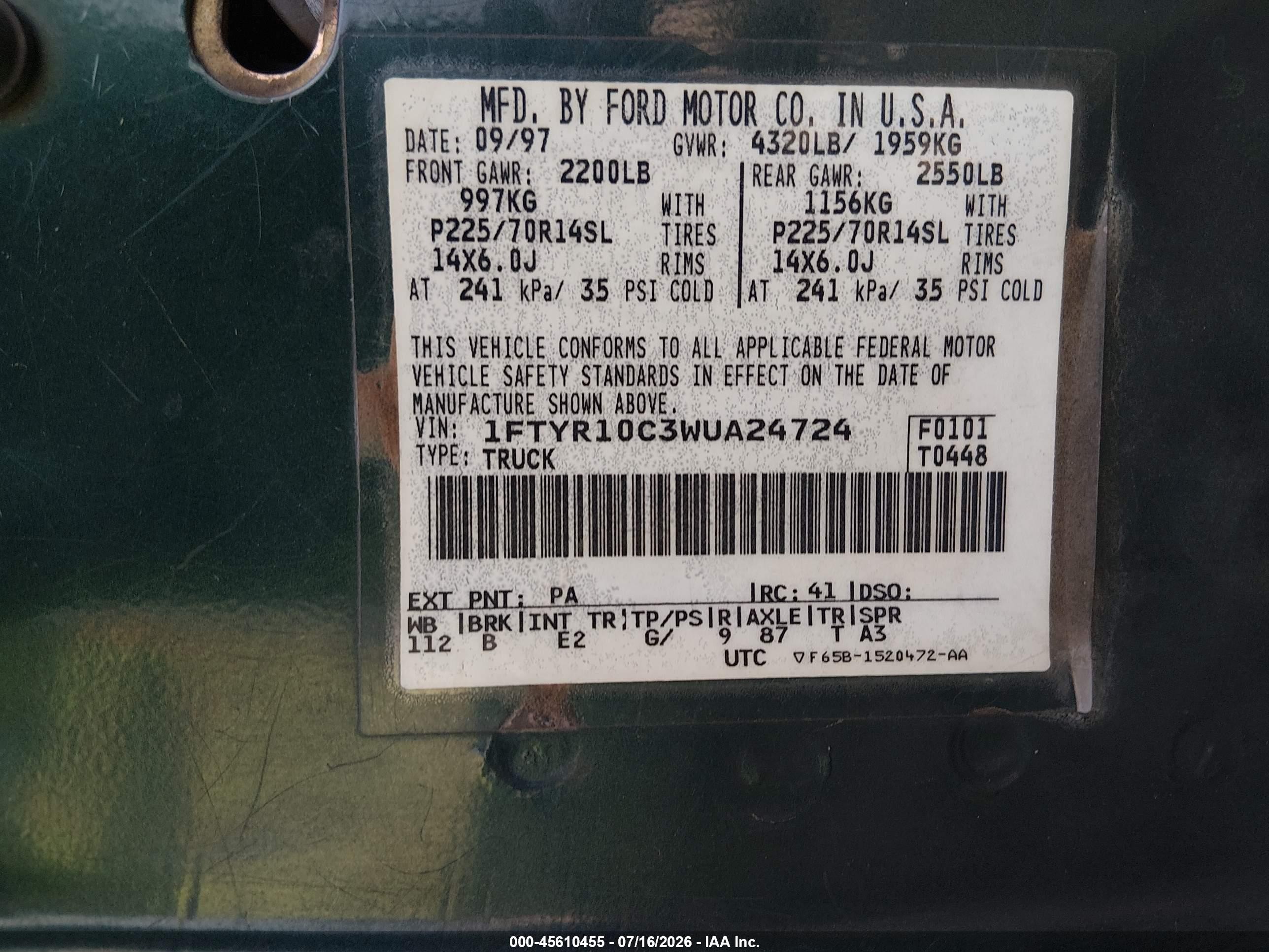 1998 Ford Ranger Splash/xl/xlt Green vin: 1FTYR10C3WUA24724
