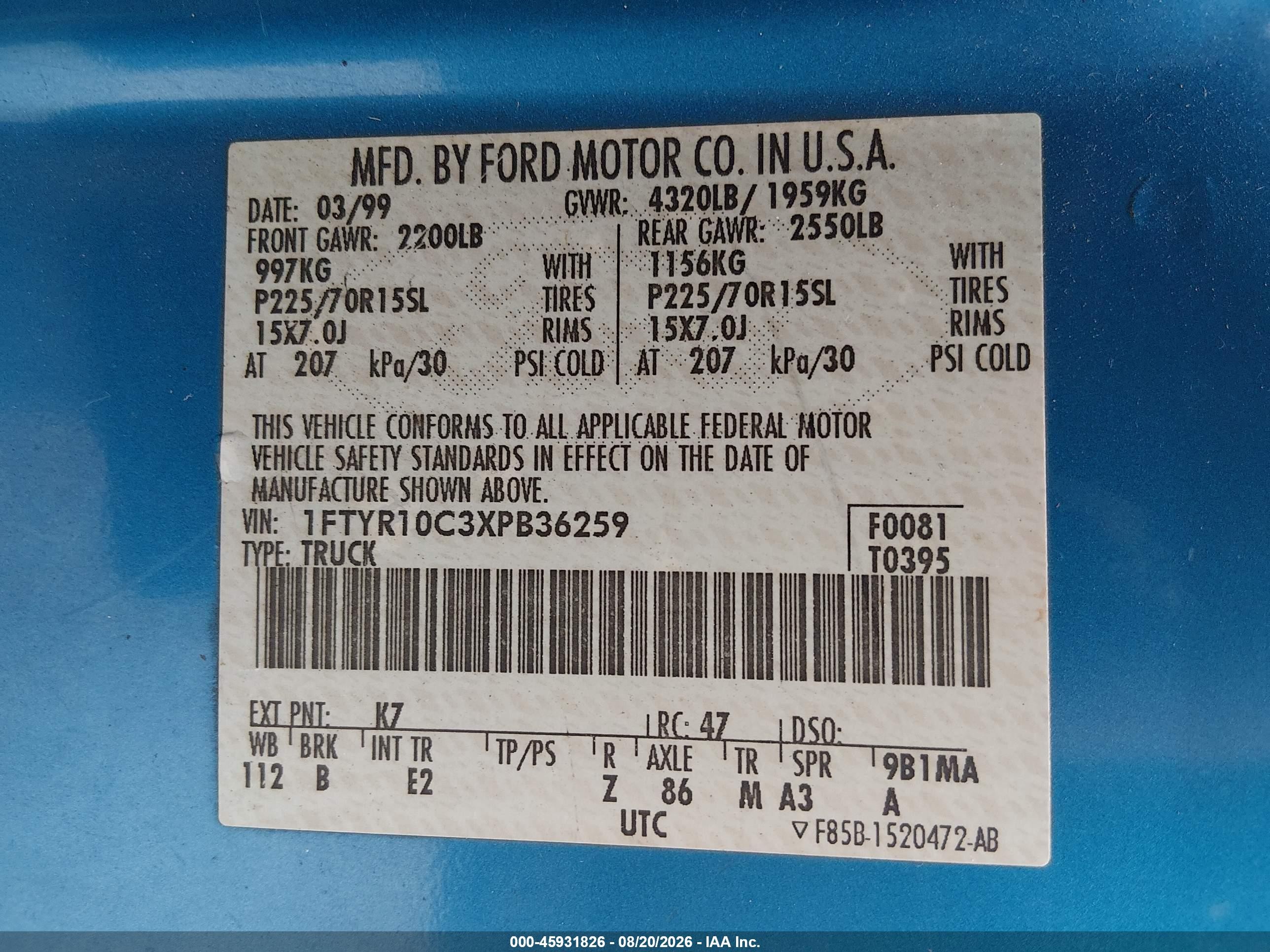1999 Ford Ranger Xl/xlt Blue vin: 1FTYR10C3XPB36259