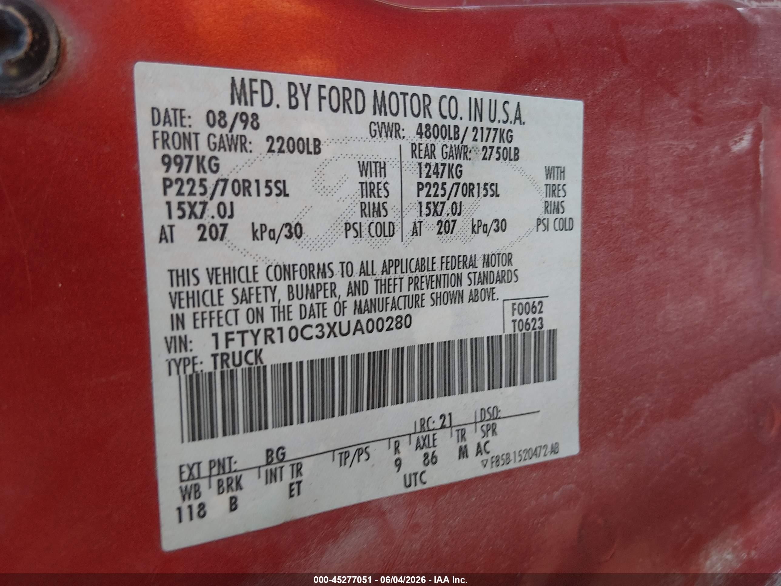 1999 Ford Ranger Xl/xlt Orange vin: 1FTYR10C3XUA00280
