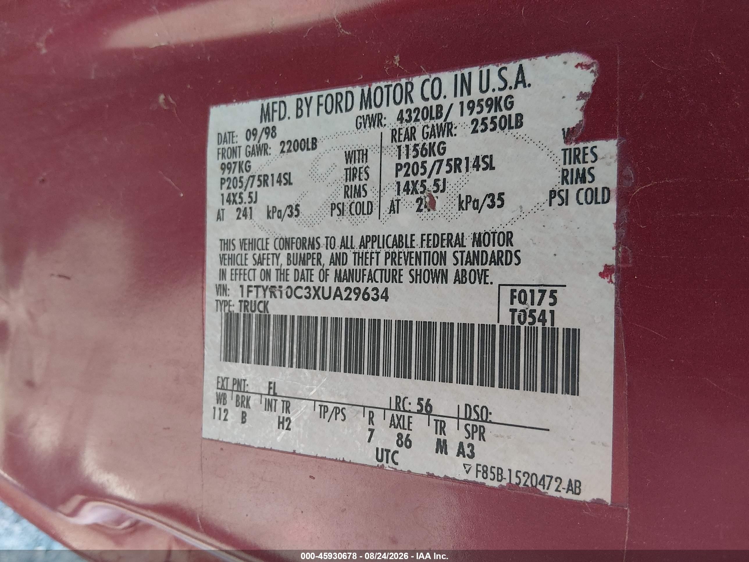 1999 Ford Ranger Xl/xlt Burgundy vin: 1FTYR10C3XUA29634