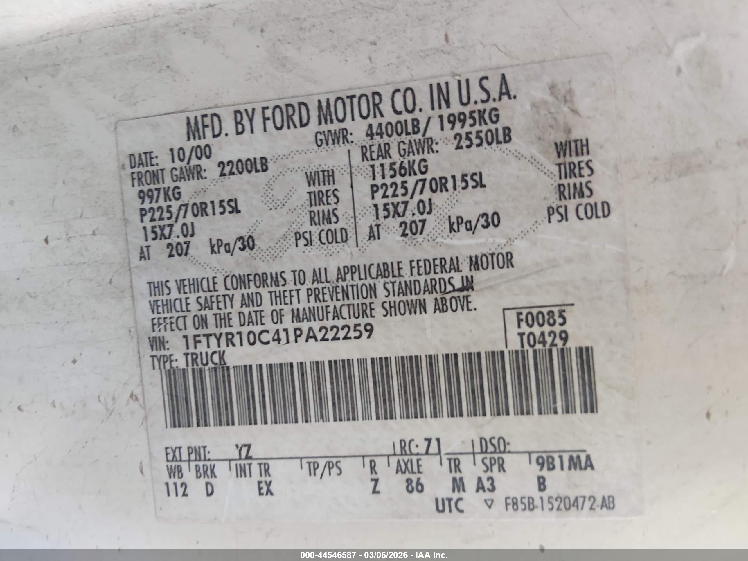 2001 Ford Ranger Xl/xlt White vin: 1FTYR10C41PA22259