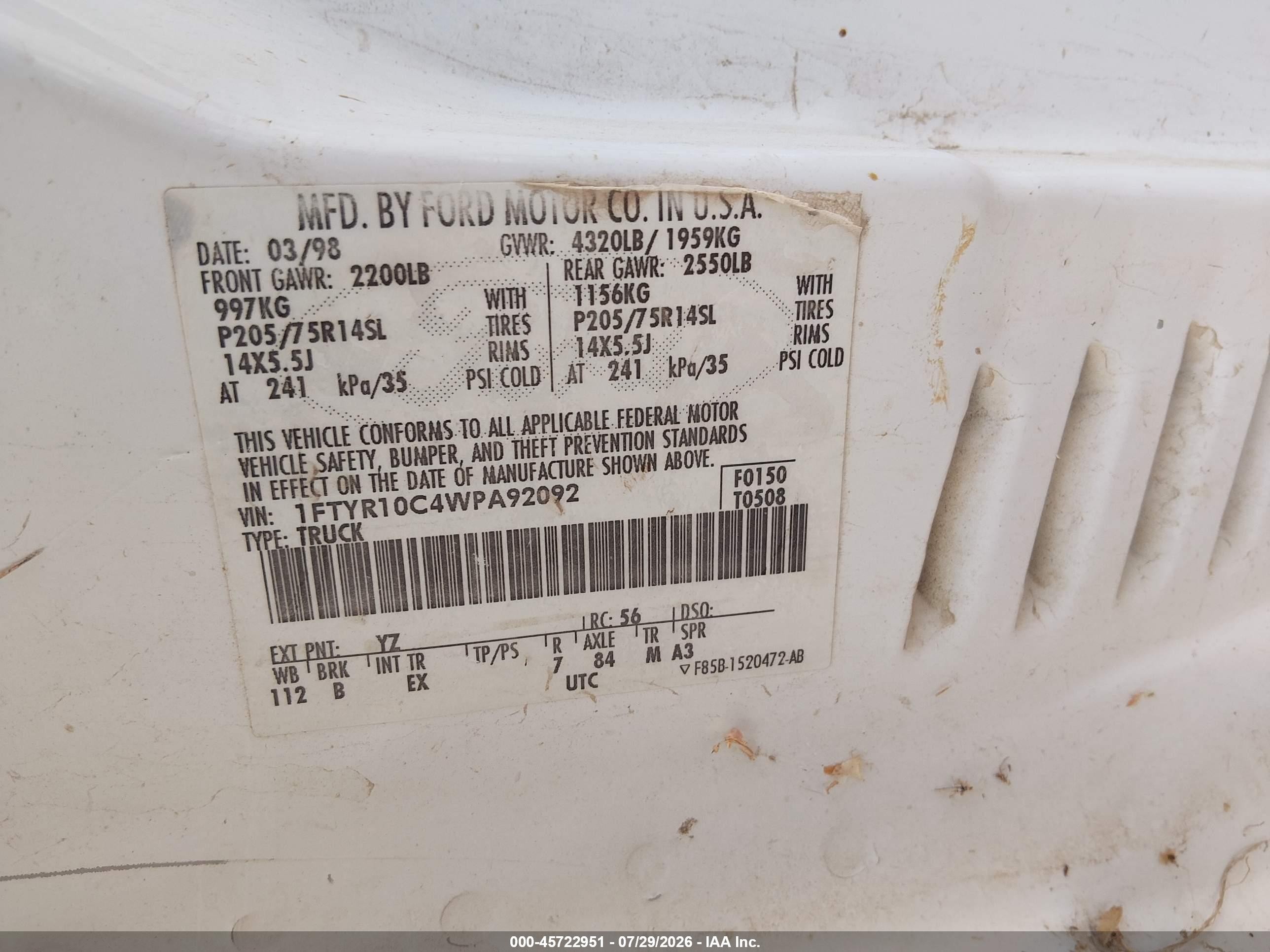 1998 Ford Ranger Splash/xl/xlt White vin: 1FTYR10C4WPA92092