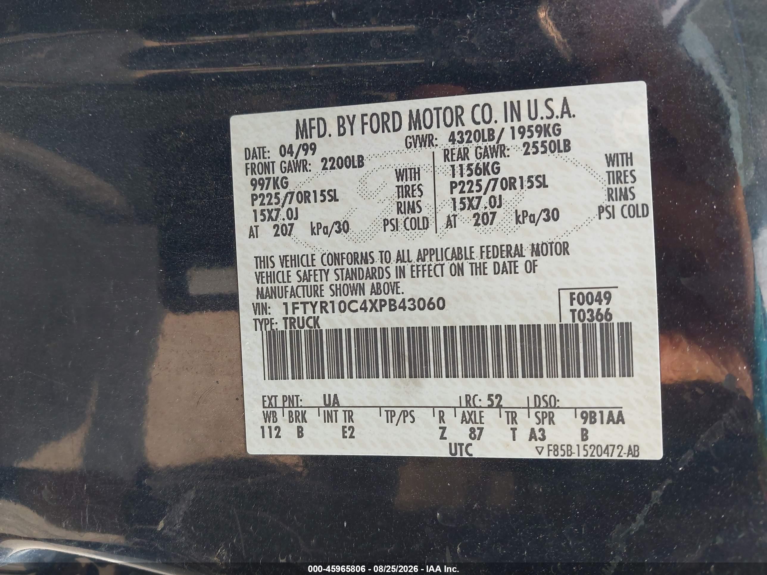 1999 Ford Ranger Xl/xlt Black vin: 1FTYR10C4XPB43060