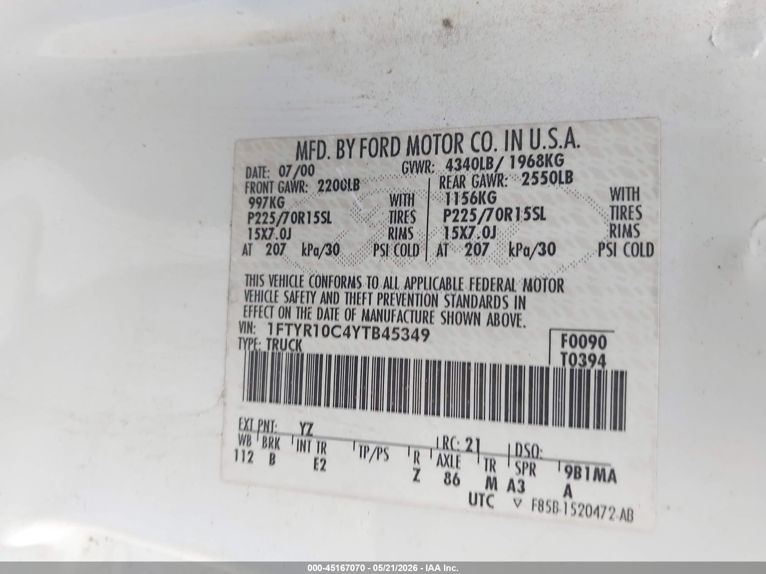 2000 Ford Ranger Xl/xlt White vin: 1FTYR10C4YTB45349