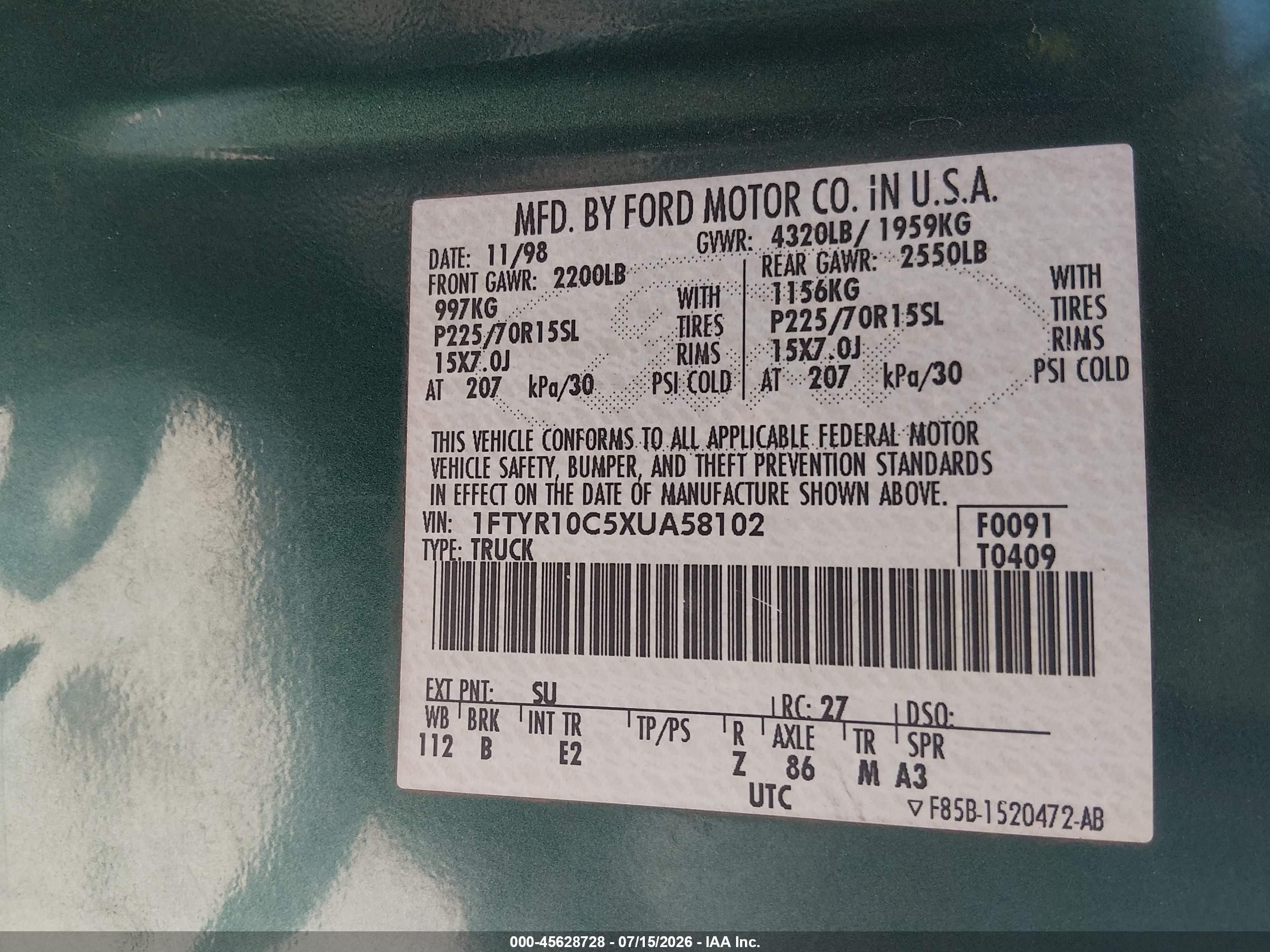 1999 Ford Ranger Xl/xlt Green vin: 1FTYR10C5XUA58102