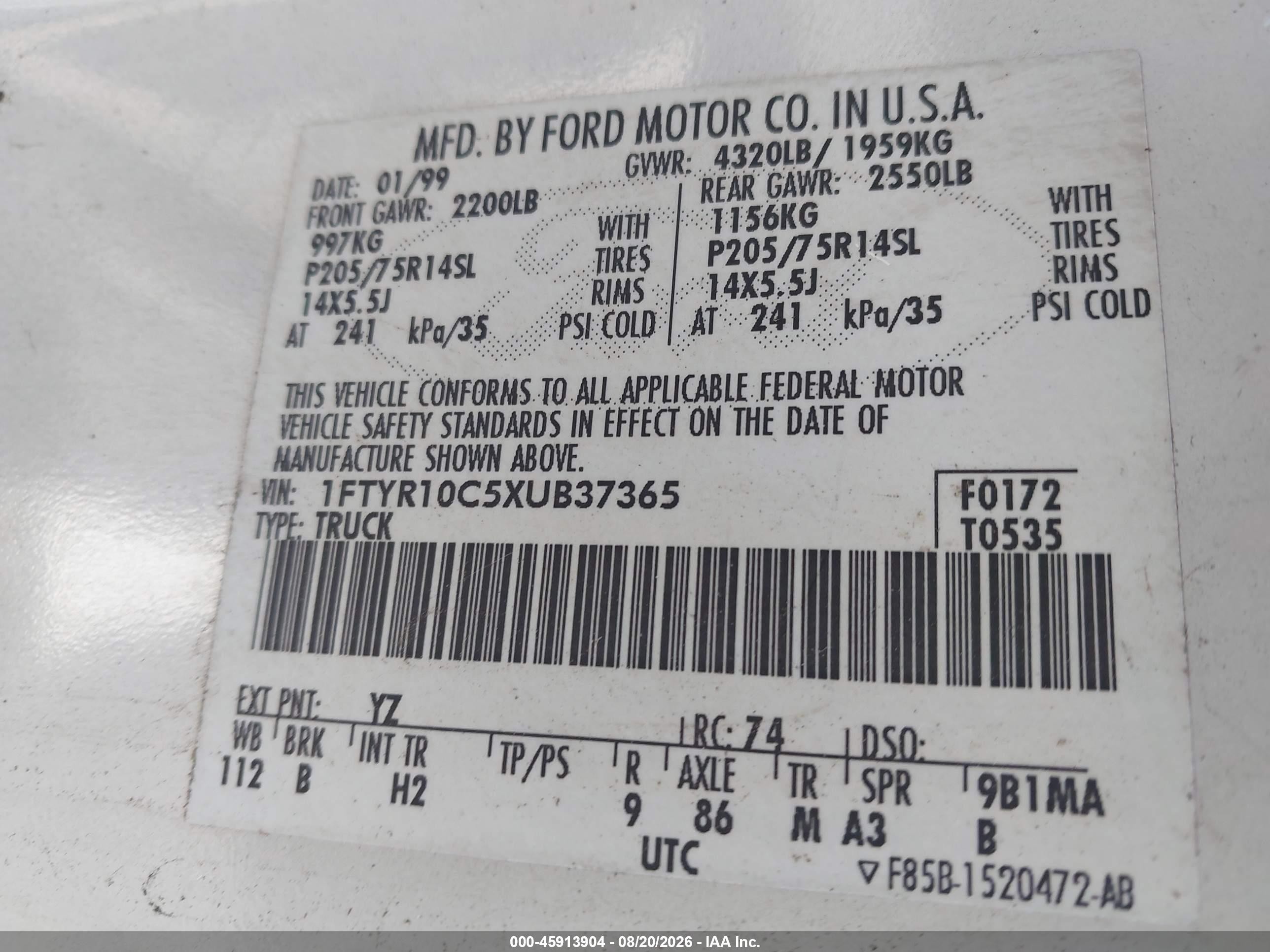 1999 Ford Ranger Xl/xlt White vin: 1FTYR10C5XUB37365