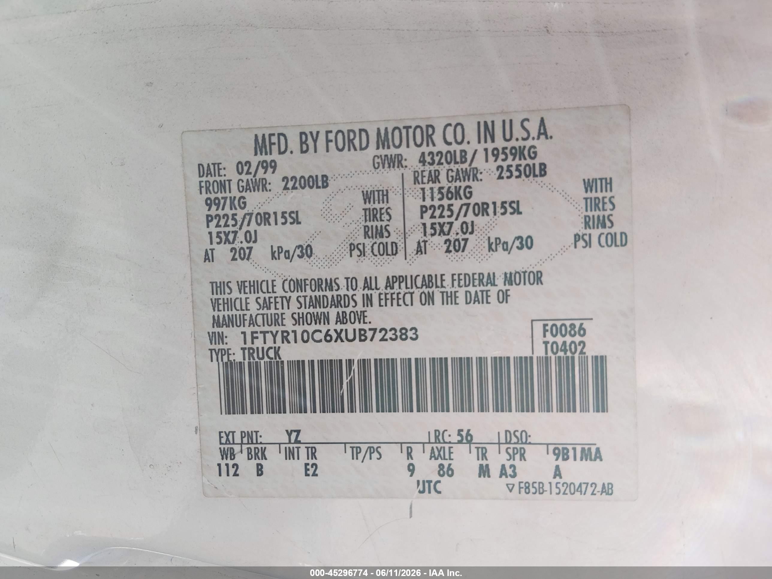 1999 Ford Ranger Xl/xlt White vin: 1FTYR10C6XUB72383