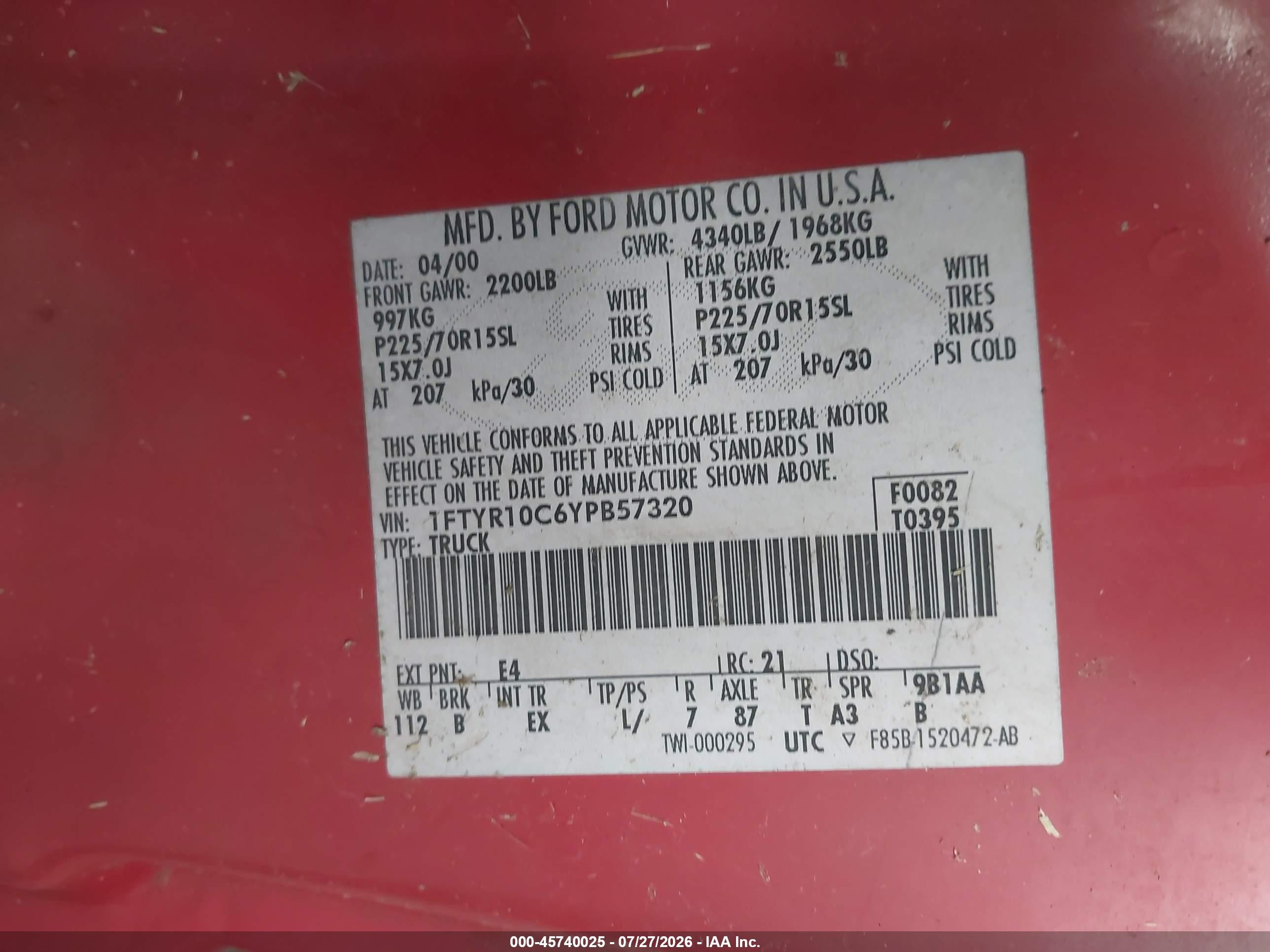 2000 Ford Ranger Xl/xlt Red vin: 1FTYR10C6YPB57320