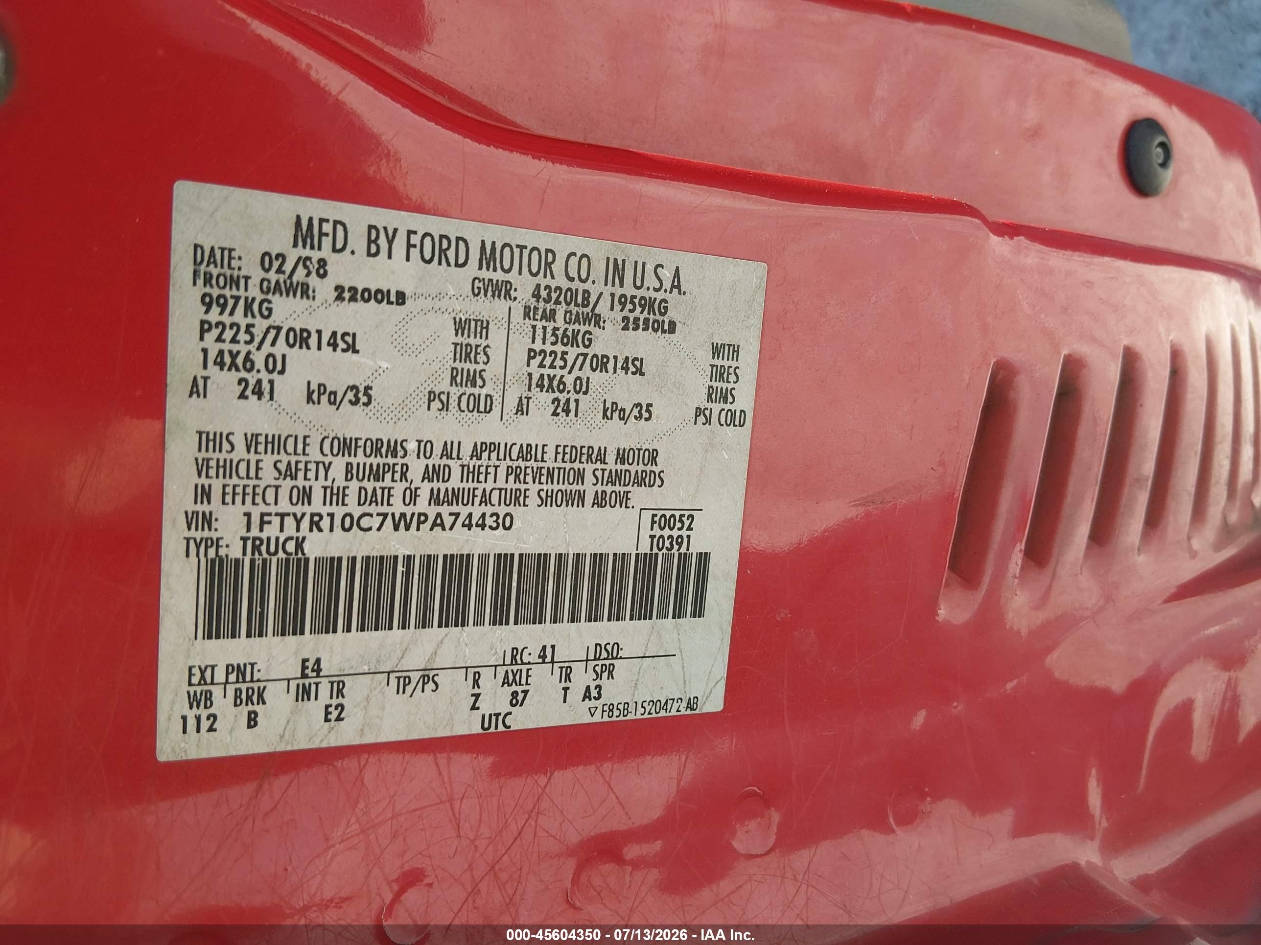 1998 Ford Ranger Splash/xl/xlt Red vin: 1FTYR10C7WPA74430