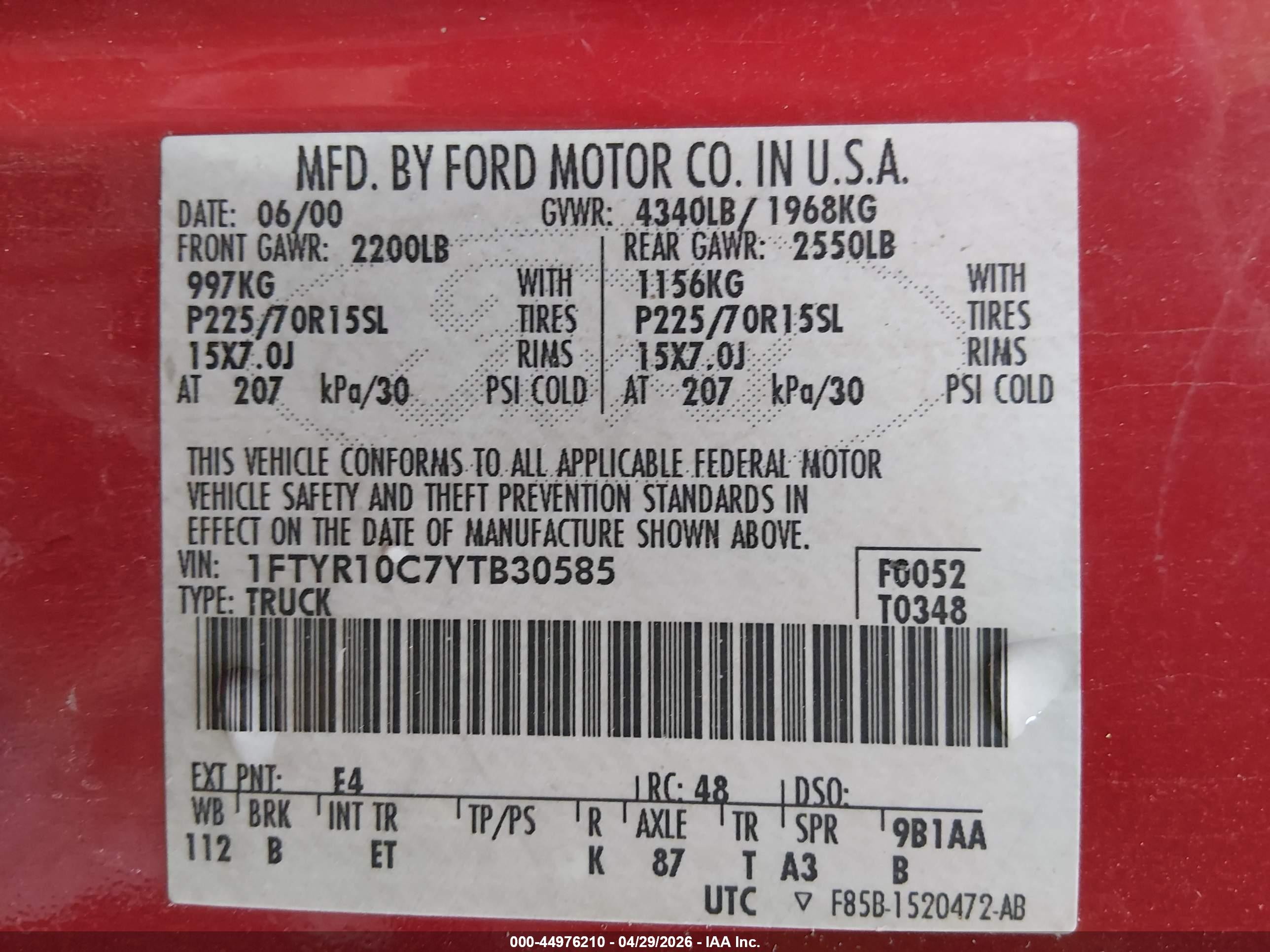 2000 Ford Ranger Xl/xlt Red vin: 1FTYR10C7YTB30585