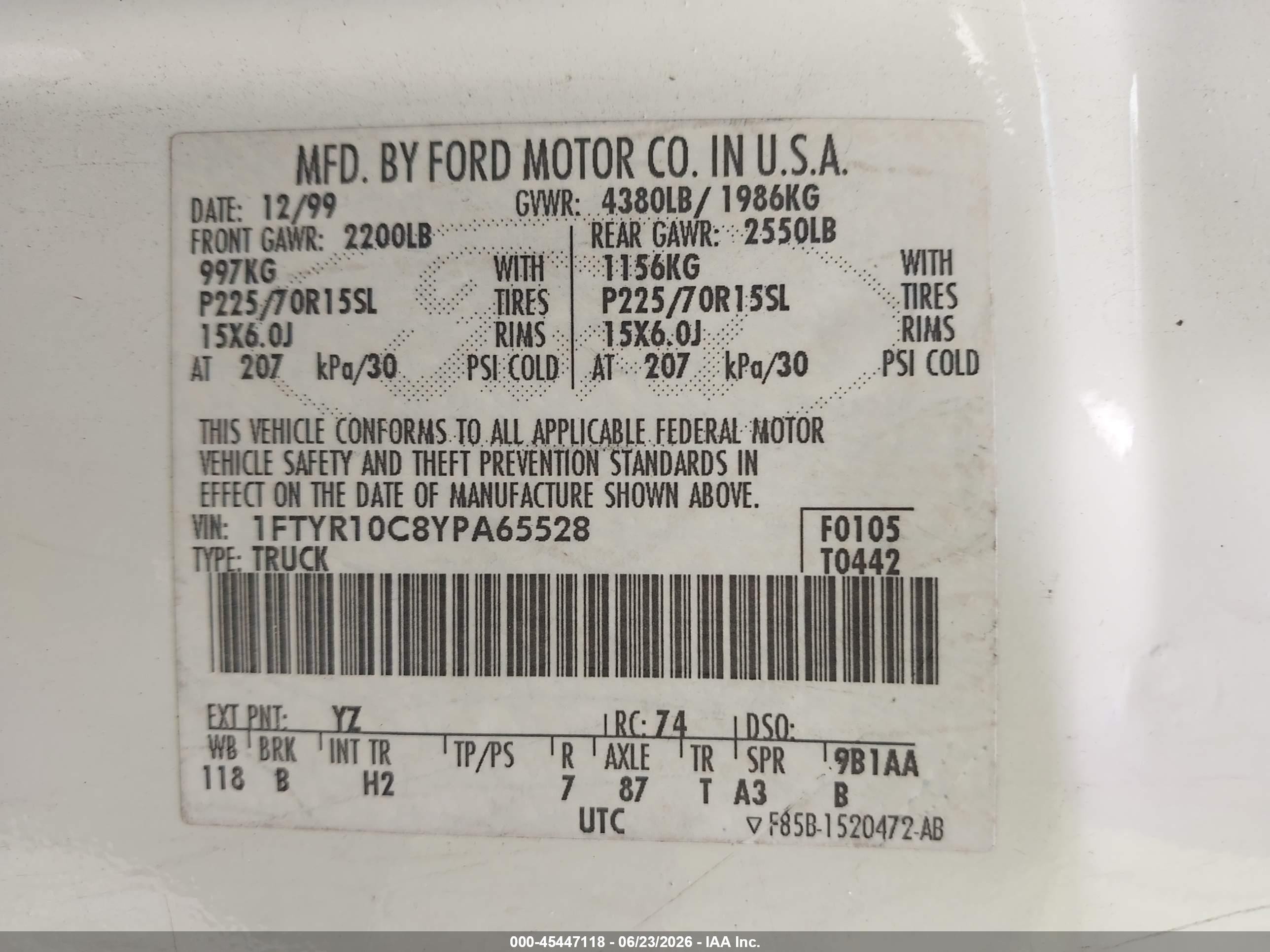 2000 Ford Ranger Xl/xlt White vin: 1FTYR10C8YPA65528