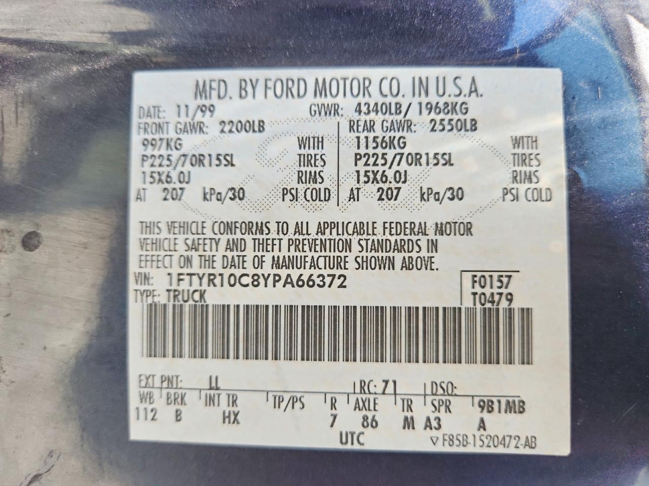 2000 Ford Ranger Blue vin: 1FTYR10C8YPA66372