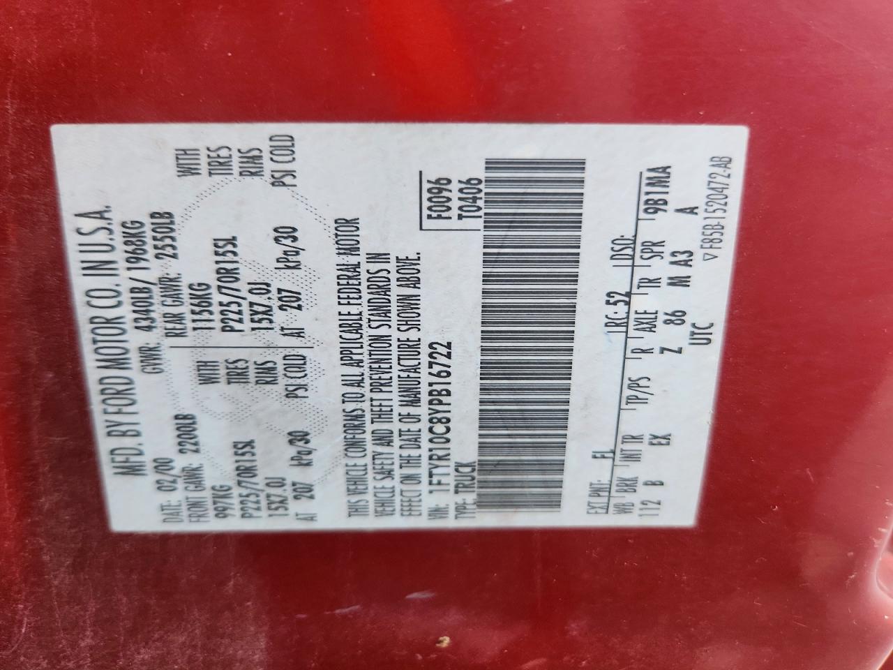 2000 Ford Ranger Red vin: 1FTYR10C8YPB16722