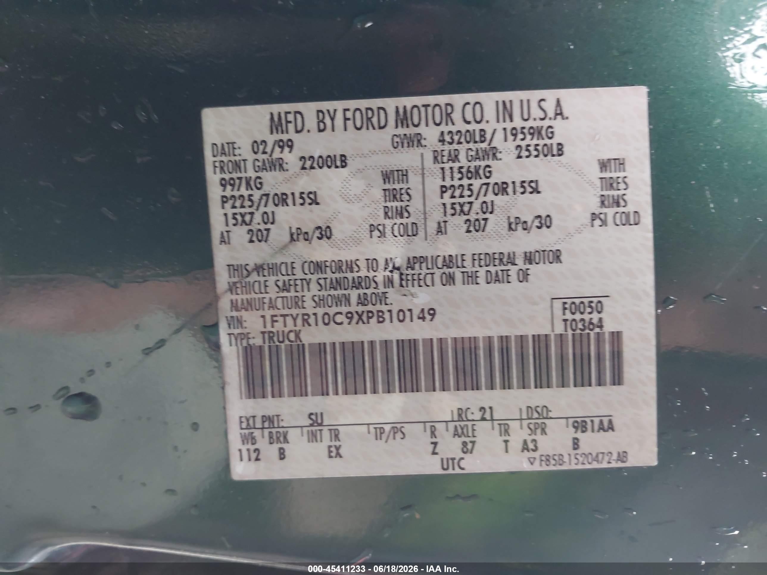 1999 Ford Ranger Xl/xlt Green vin: 1FTYR10C9XPB10149
