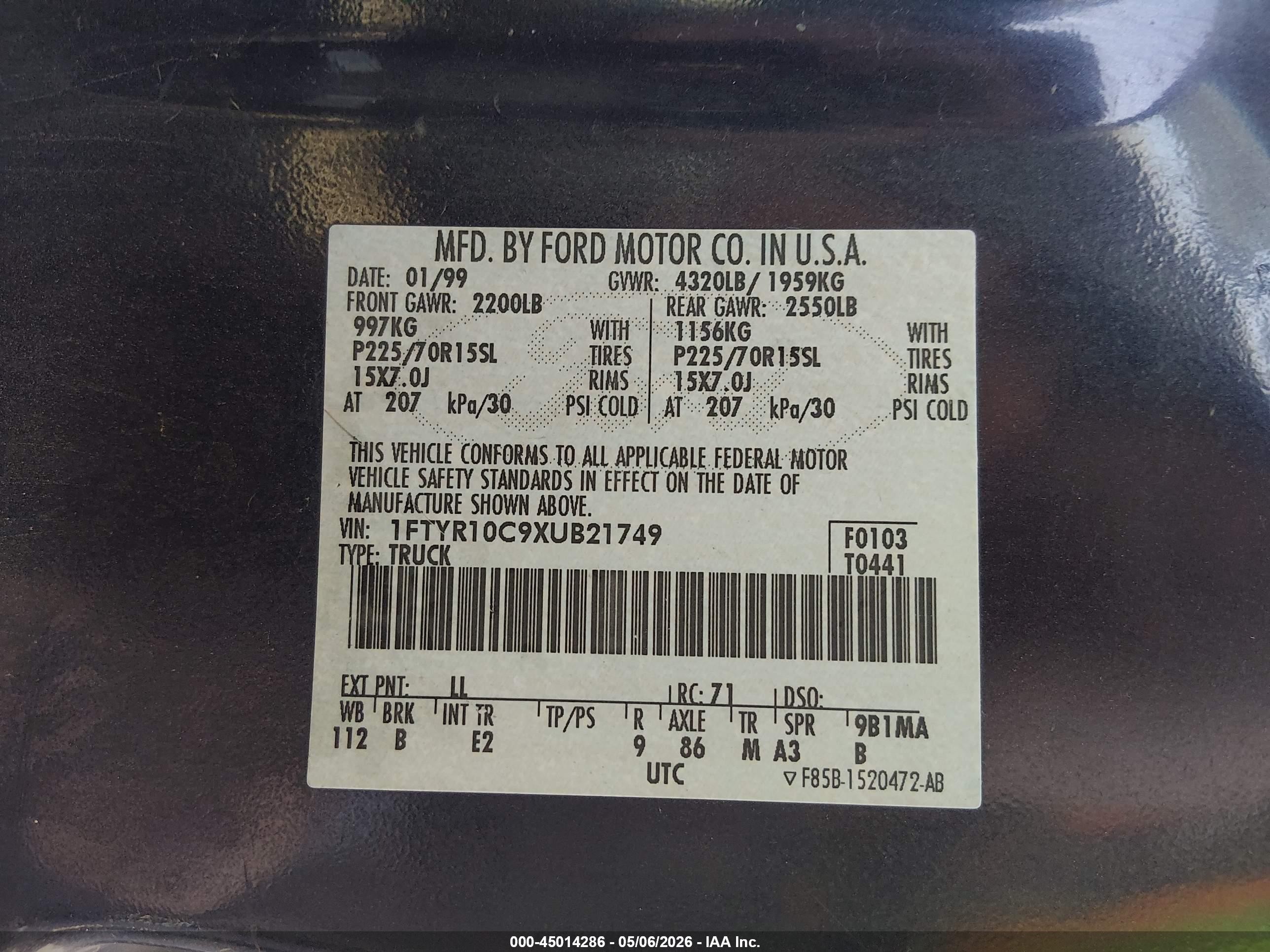 1999 Ford Ranger Xl/xlt Dark Blue vin: 1FTYR10C9XUB21749